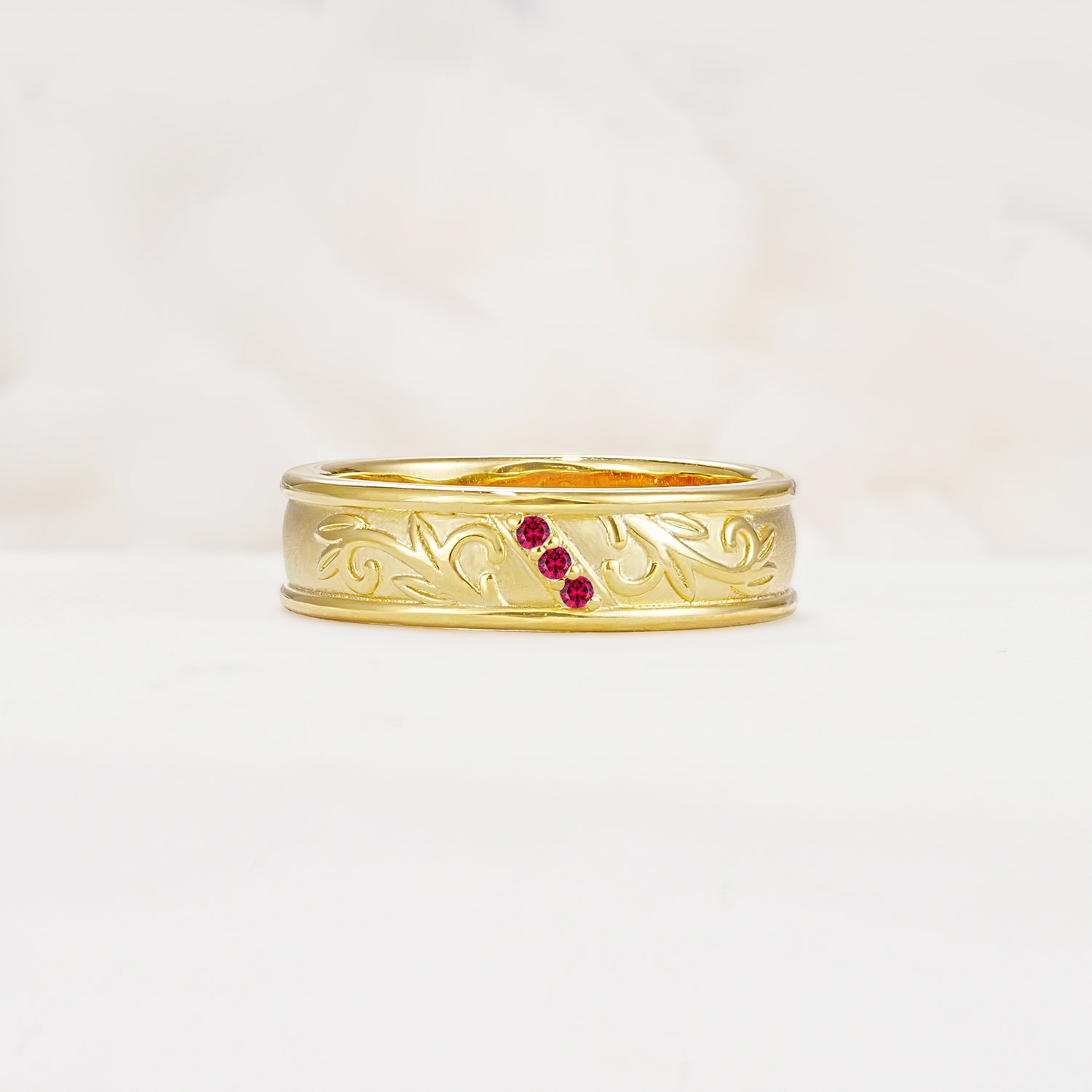 Vintage Round Cut Scroll Engraved Accent Ruby Wedding Band - Additional view