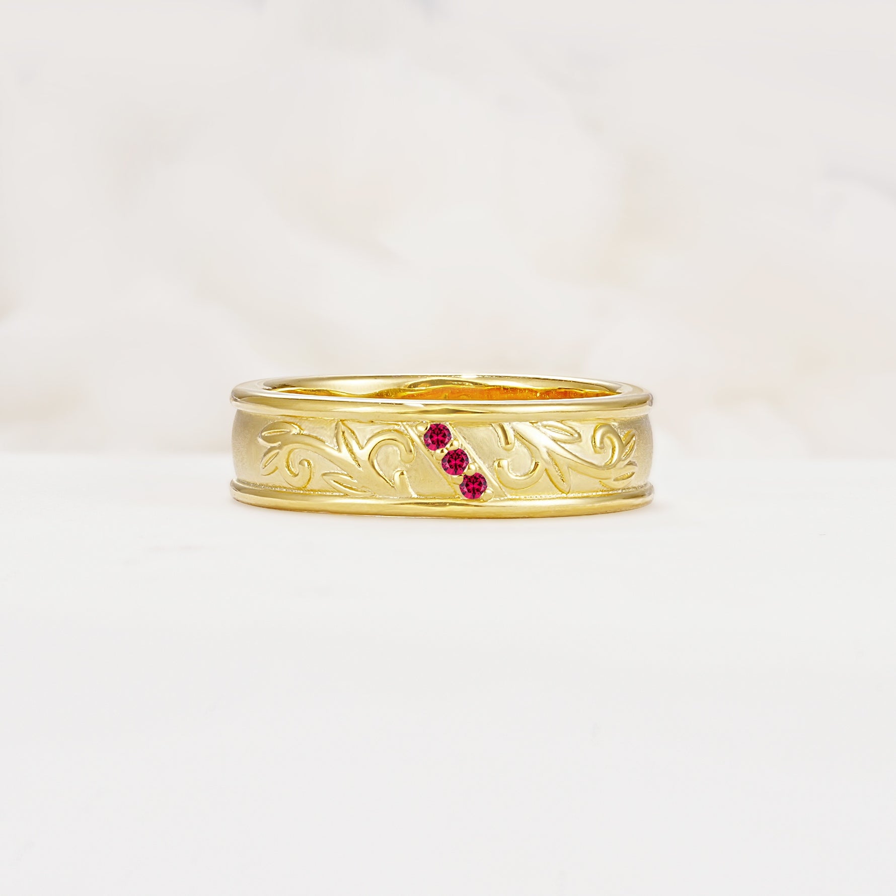 Vintage Round Cut Scroll Engraved Accent Ruby Wedding Band - Additional view