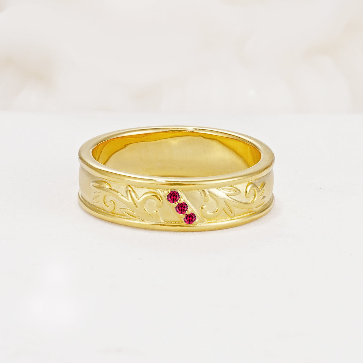 Vintage Round Cut Scroll Engraved Accent Ruby Wedding Band - Additional view