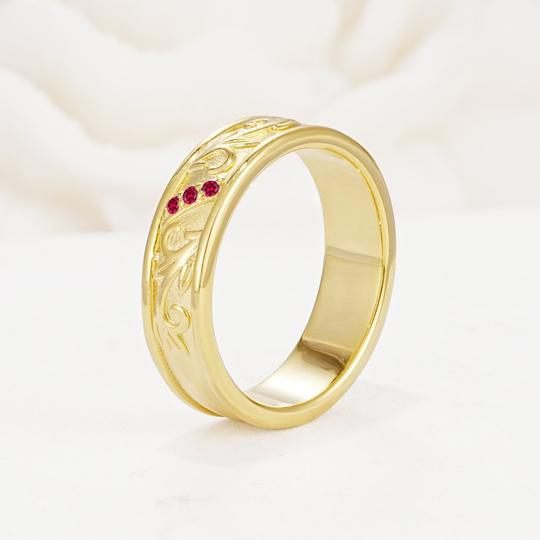 Vintage Round Cut Scroll Engraved Accent Ruby Wedding Band - Additional view