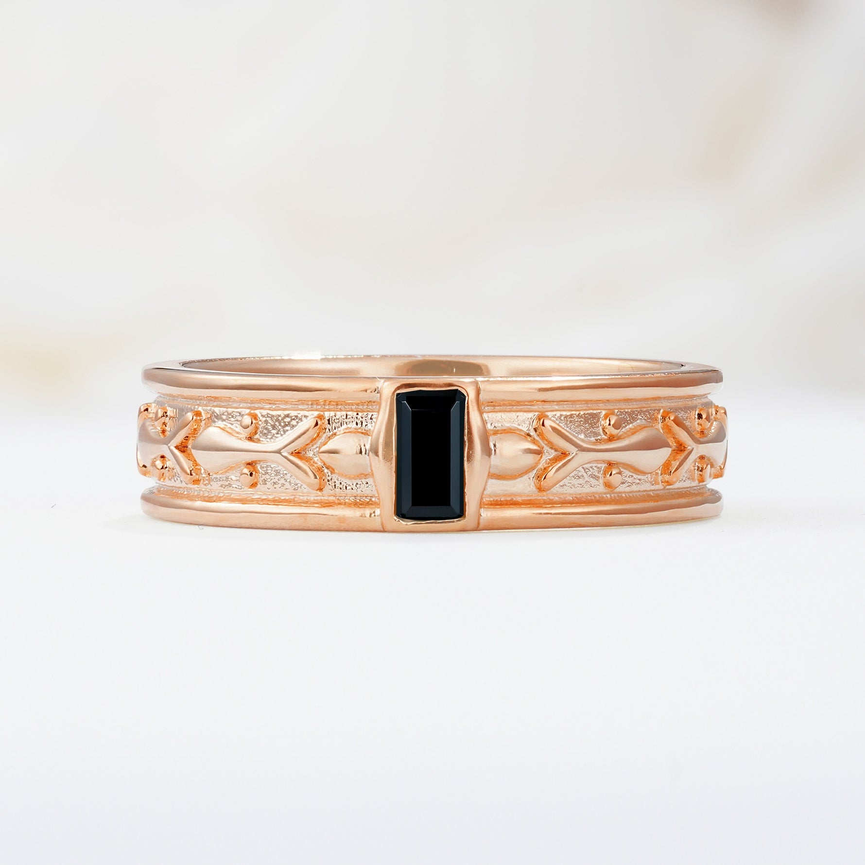 Timeless Emerald Cut Intricate Milgrain Engraved Black Onyx Wedding Band - Additional view
