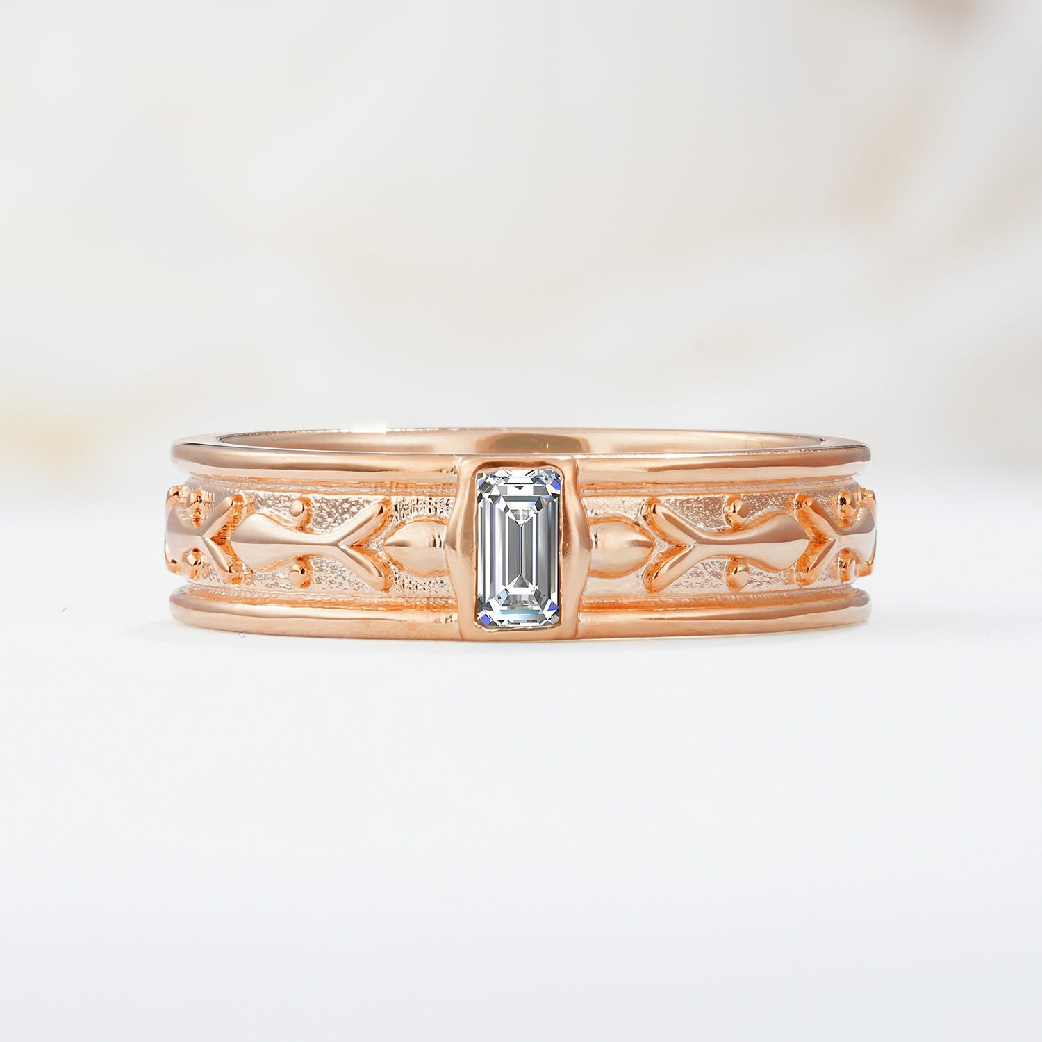 Timeless Emerald Cut Intricate Milgrain Engraved Lab Diamond Wedding Band - Additional view