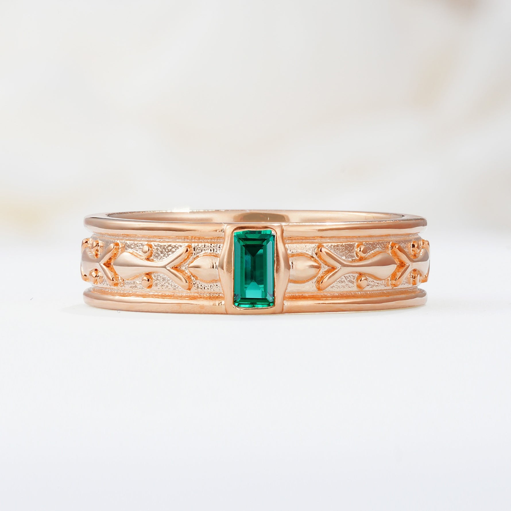 Timeless Emerald Cut Intricate Milgrain Engraved Emerald Wedding Band - Additional view