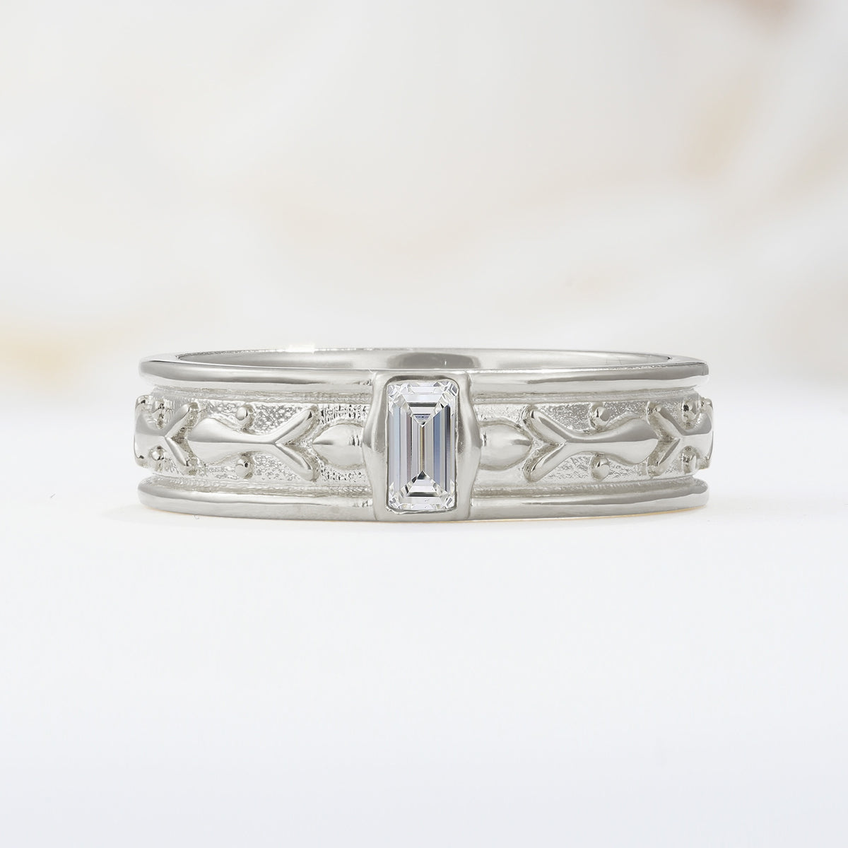 Timeless Emerald Cut Intricate Milgrain Engraved Moissanite Wedding Band - Additional view