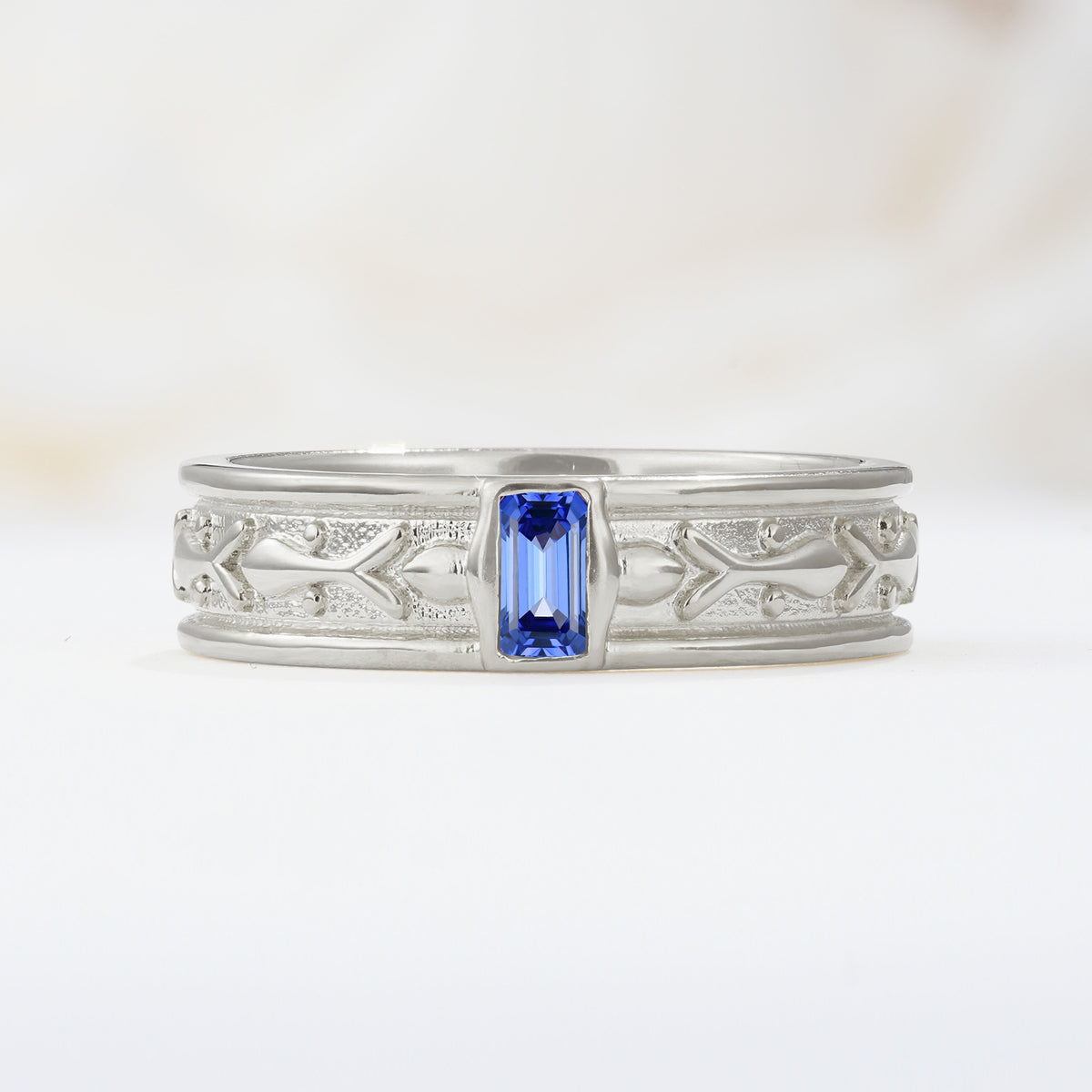 Timeless Emerald Cut Intricate Milgrain Engraved Sapphire Wedding Band - Additional view