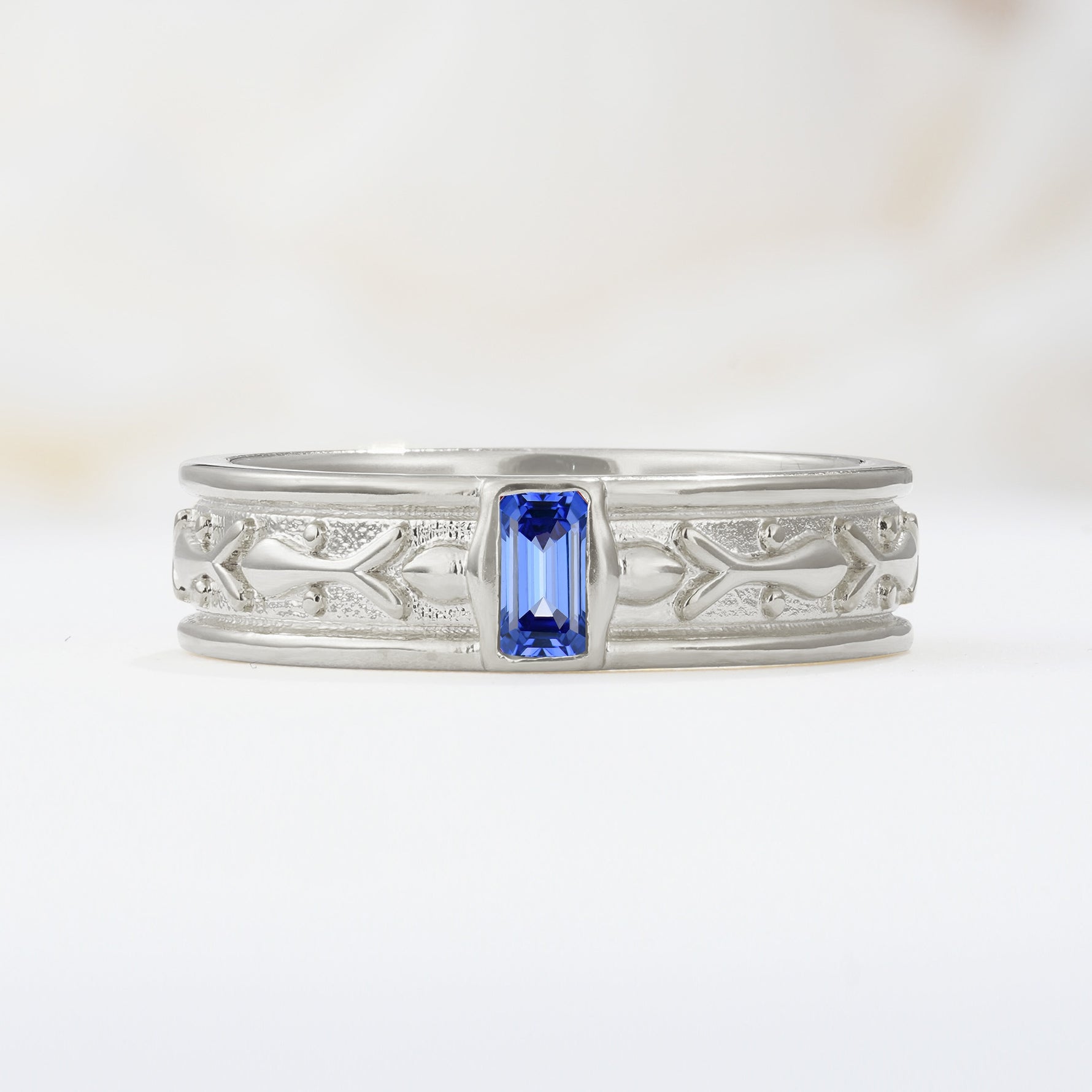 Timeless Emerald Cut Intricate Milgrain Engraved Sapphire Wedding Band - Additional view