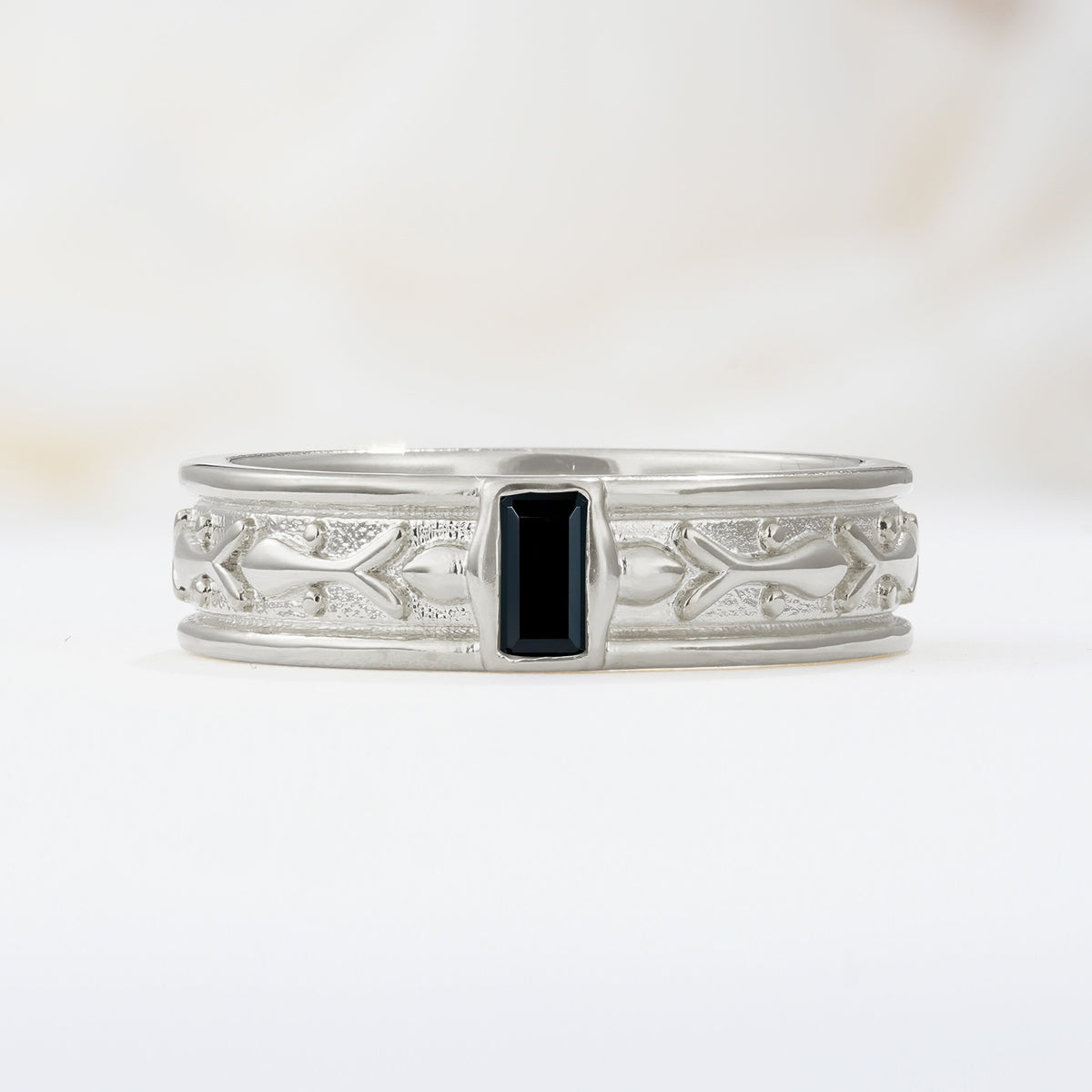 Timeless Emerald Cut Intricate Milgrain Engraved Black Onyx Wedding Band - Additional view