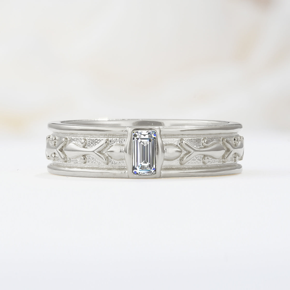 Timeless Emerald Cut Intricate Milgrain Engraved Lab Diamond Wedding Band - Additional view
