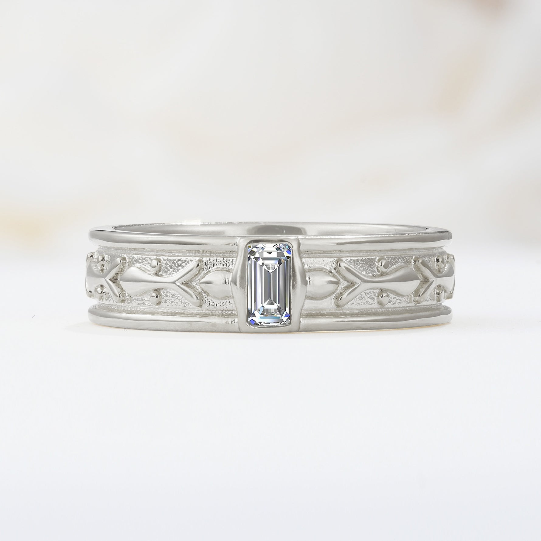 Timeless Emerald Cut Intricate Milgrain Engraved Lab Diamond Wedding Band - Additional view