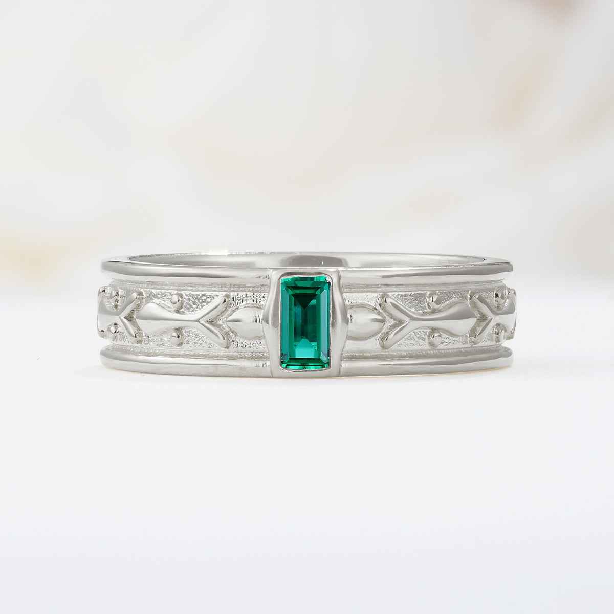 Timeless Emerald Cut Intricate Milgrain Engraved Emerald Wedding Band - Additional view