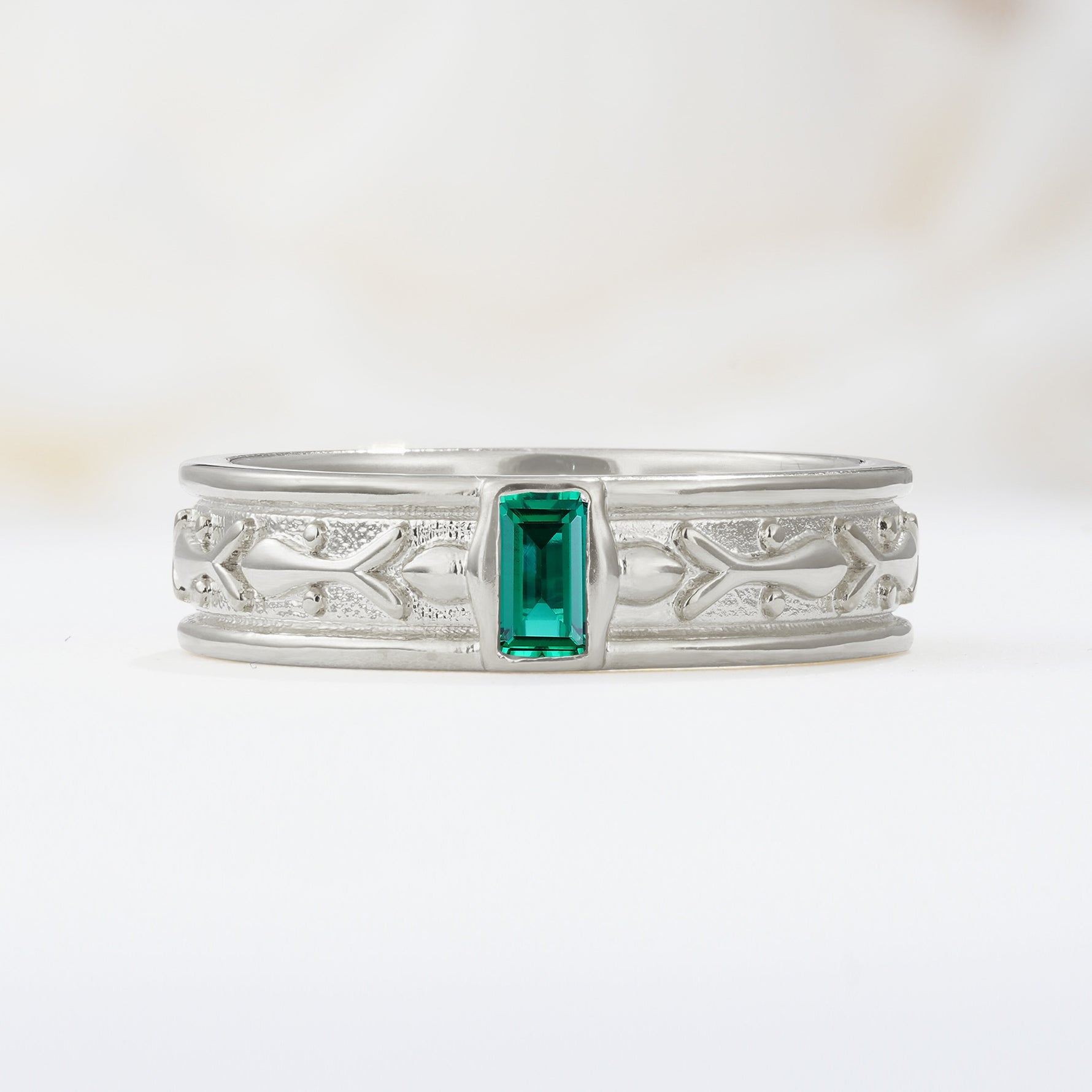 Timeless Emerald Cut Intricate Milgrain Engraved Emerald Wedding Band - Additional view