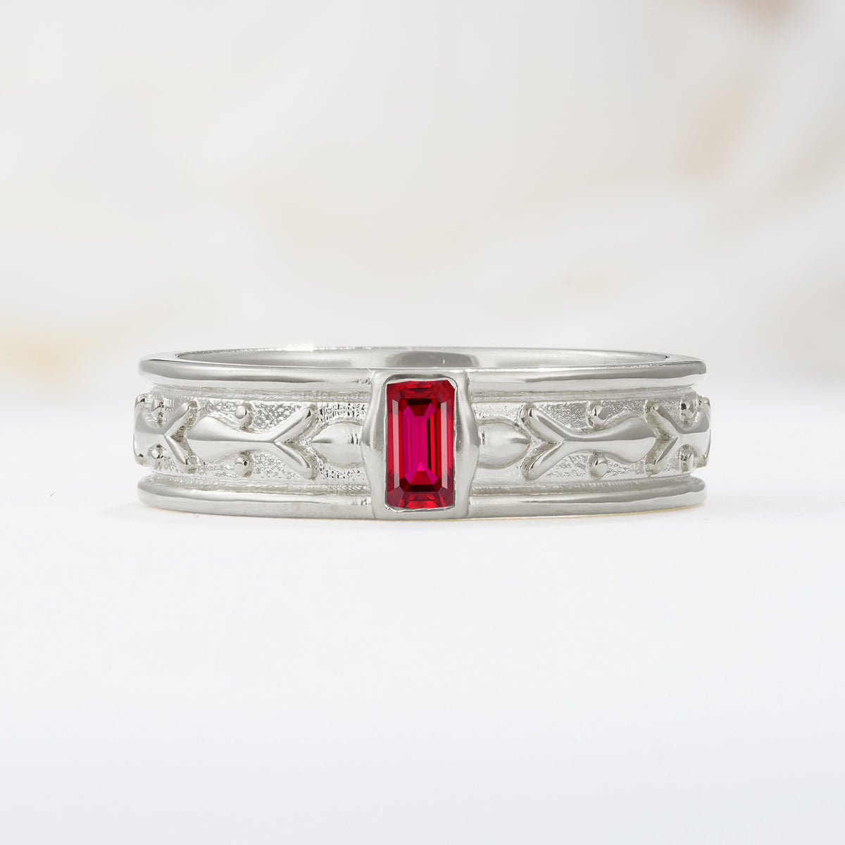 Timeless Emerald Cut Intricate Milgrain Engraved Ruby Wedding Band - Additional view