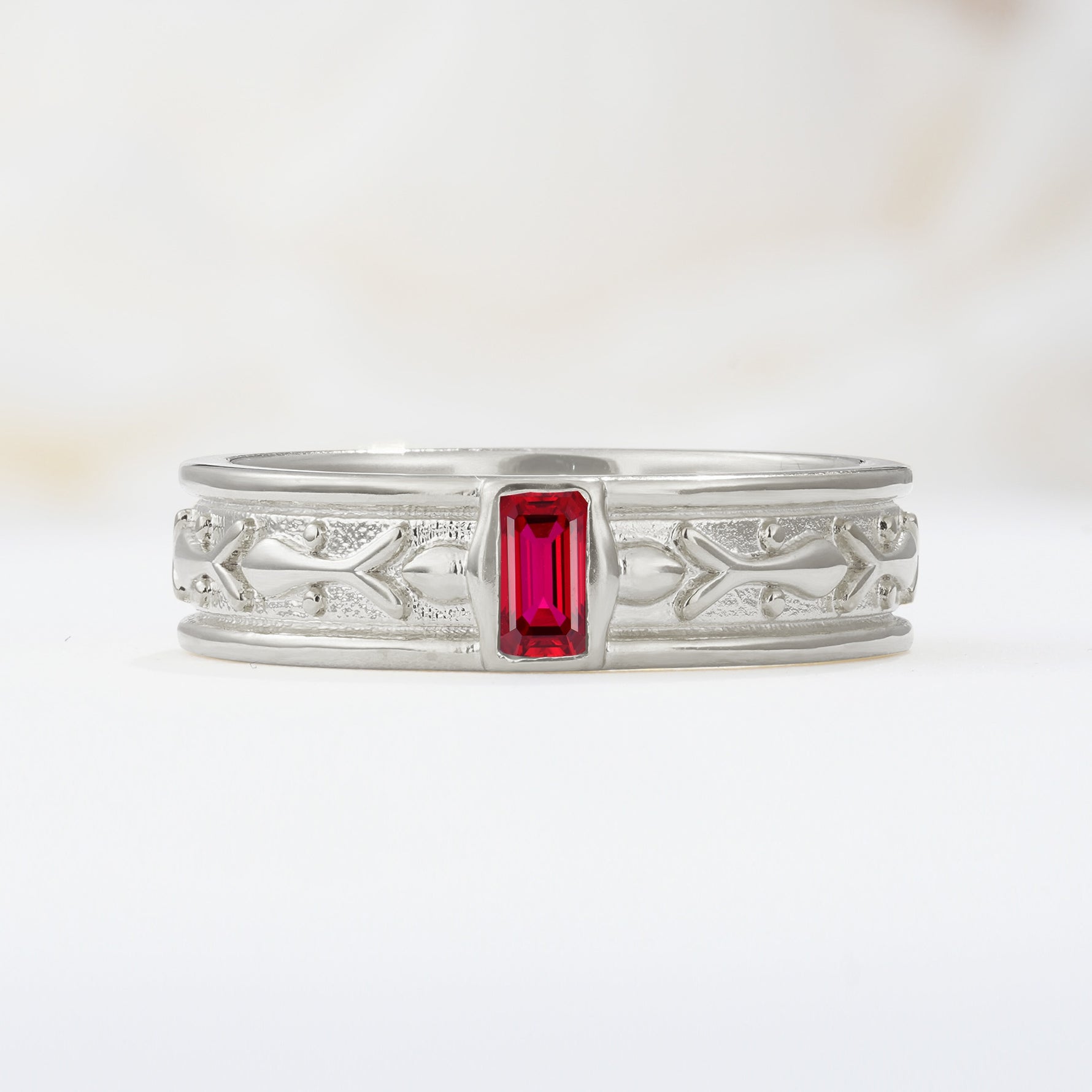 Timeless Emerald Cut Intricate Milgrain Engraved Ruby Wedding Band - Additional view