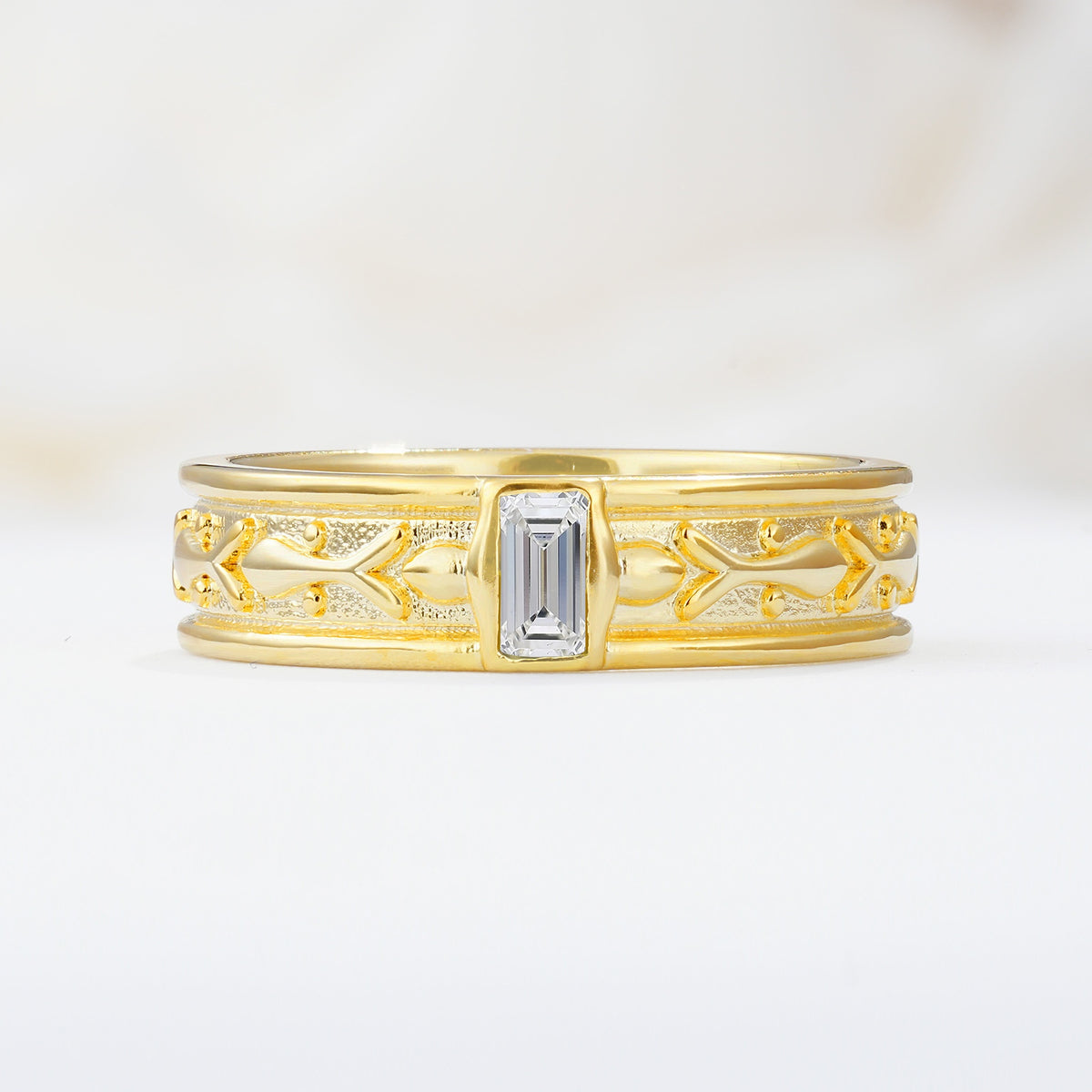 Timeless Emerald Cut Intricate Milgrain Engraved Moissanite Wedding Band - Additional view