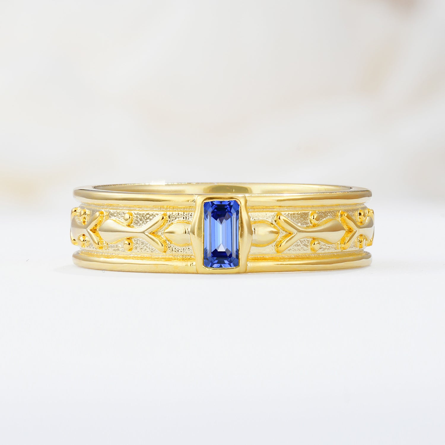 Timeless Emerald Cut Intricate Milgrain Engraved Sapphire Wedding Band