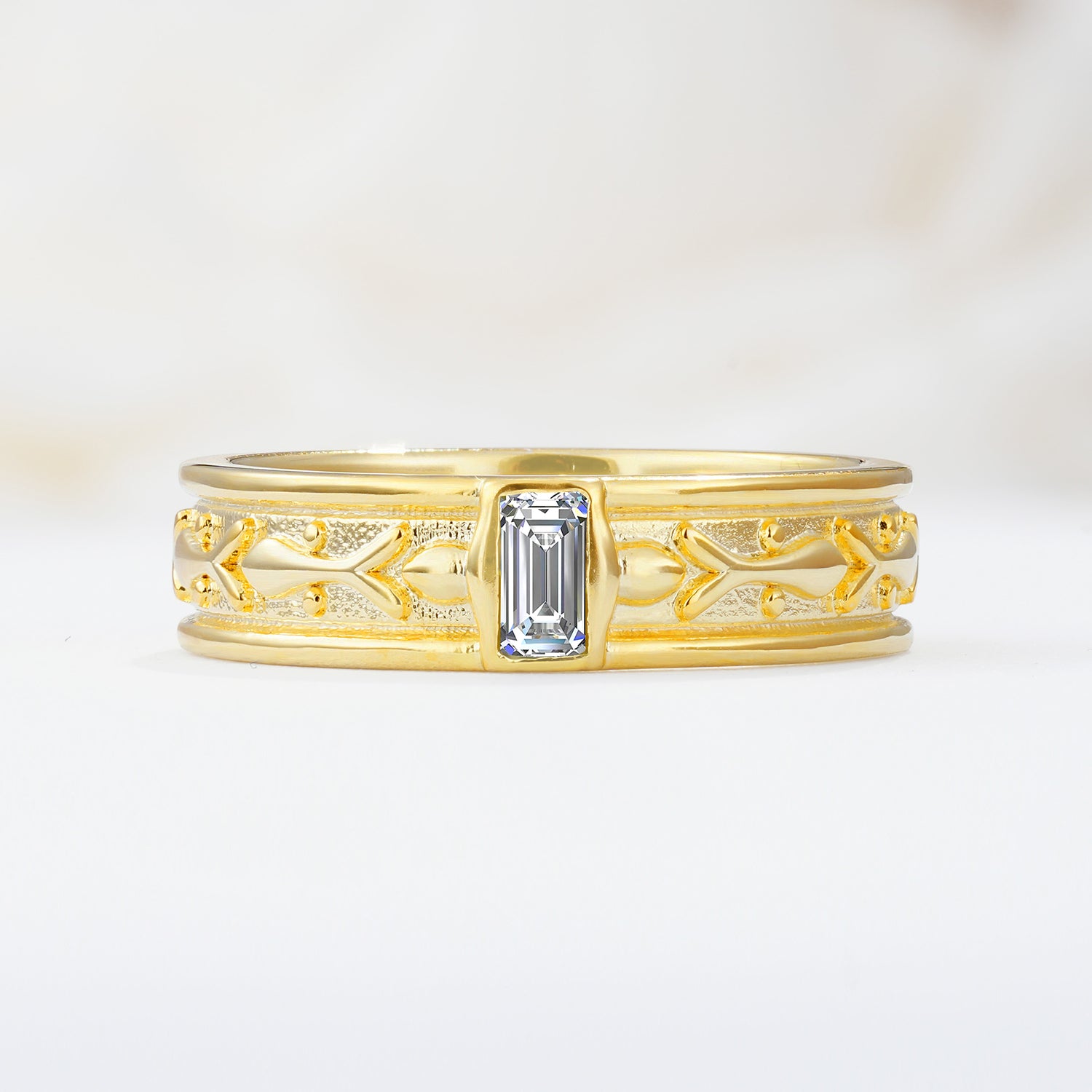 Timeless Emerald Cut Intricate Milgrain Engraved Lab Diamond Wedding Band