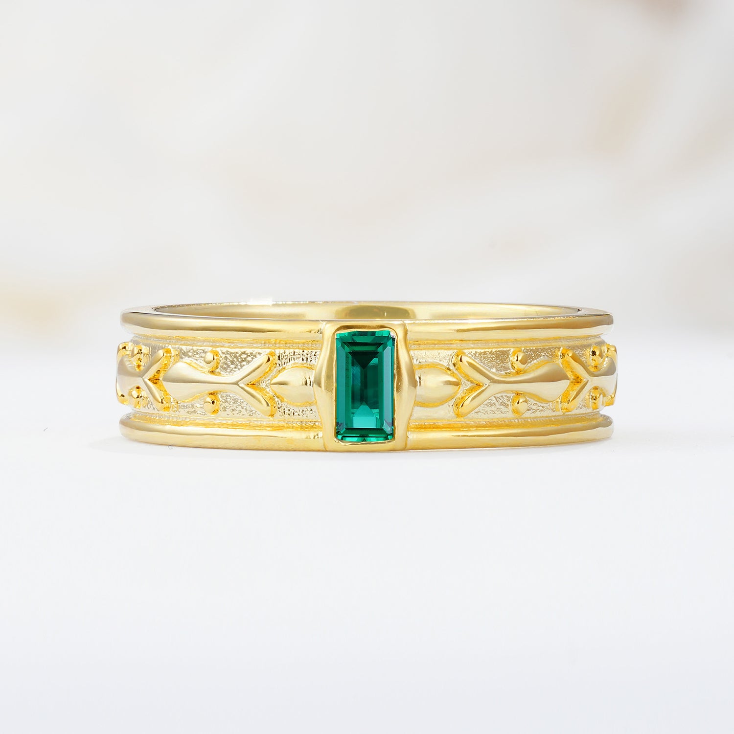 Timeless Emerald Cut Intricate Milgrain Engraved Emerald Wedding Band
