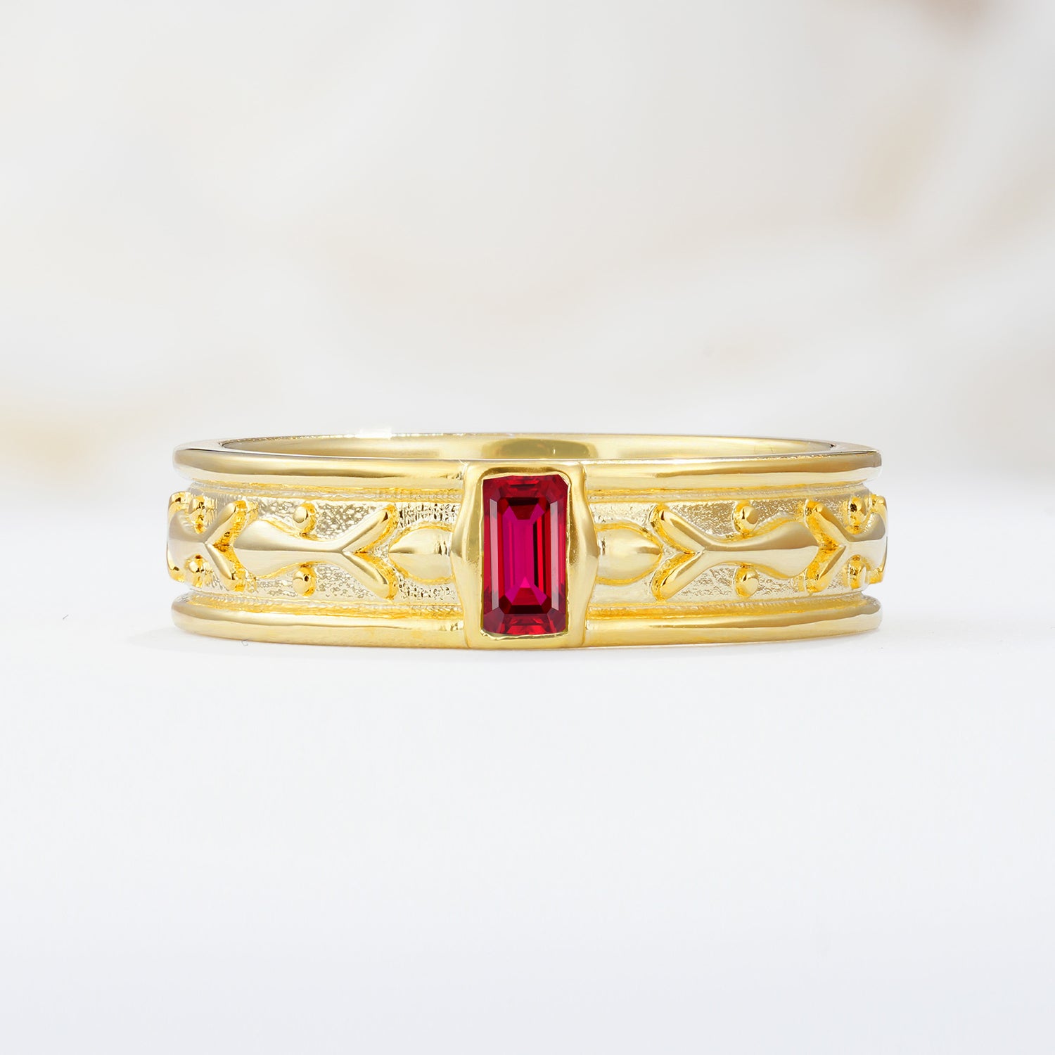 Timeless Emerald Cut Intricate Milgrain Engraved Ruby Wedding Band