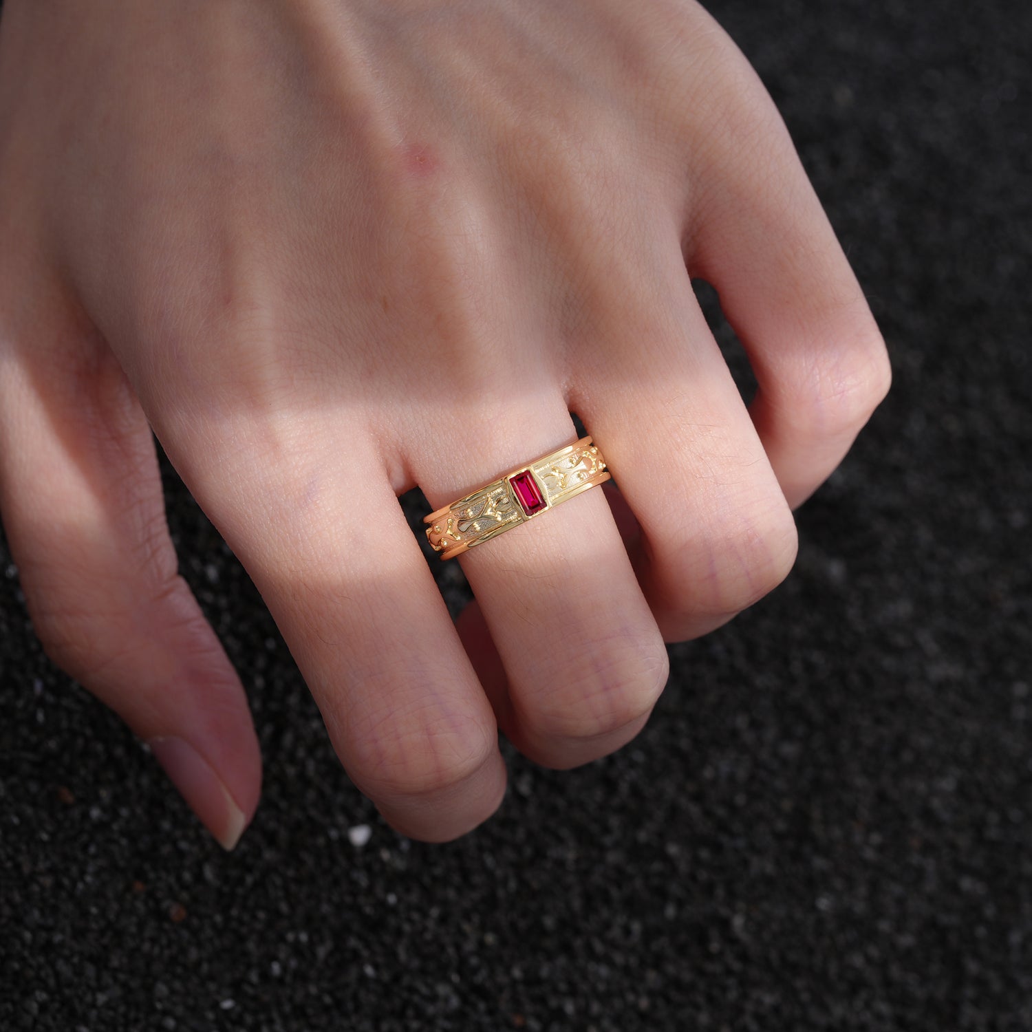 Timeless Emerald Cut Intricate Milgrain Engraved Ruby Wedding Band