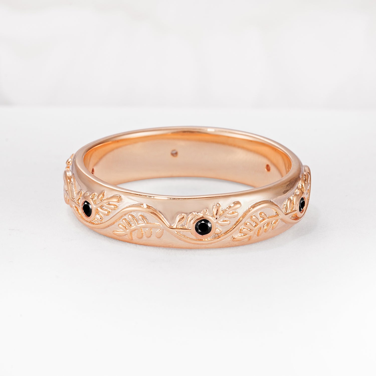 Natural Inspired Leaf Engraved Pave Accent Black Onyx Men's Wedding Band - Additional view