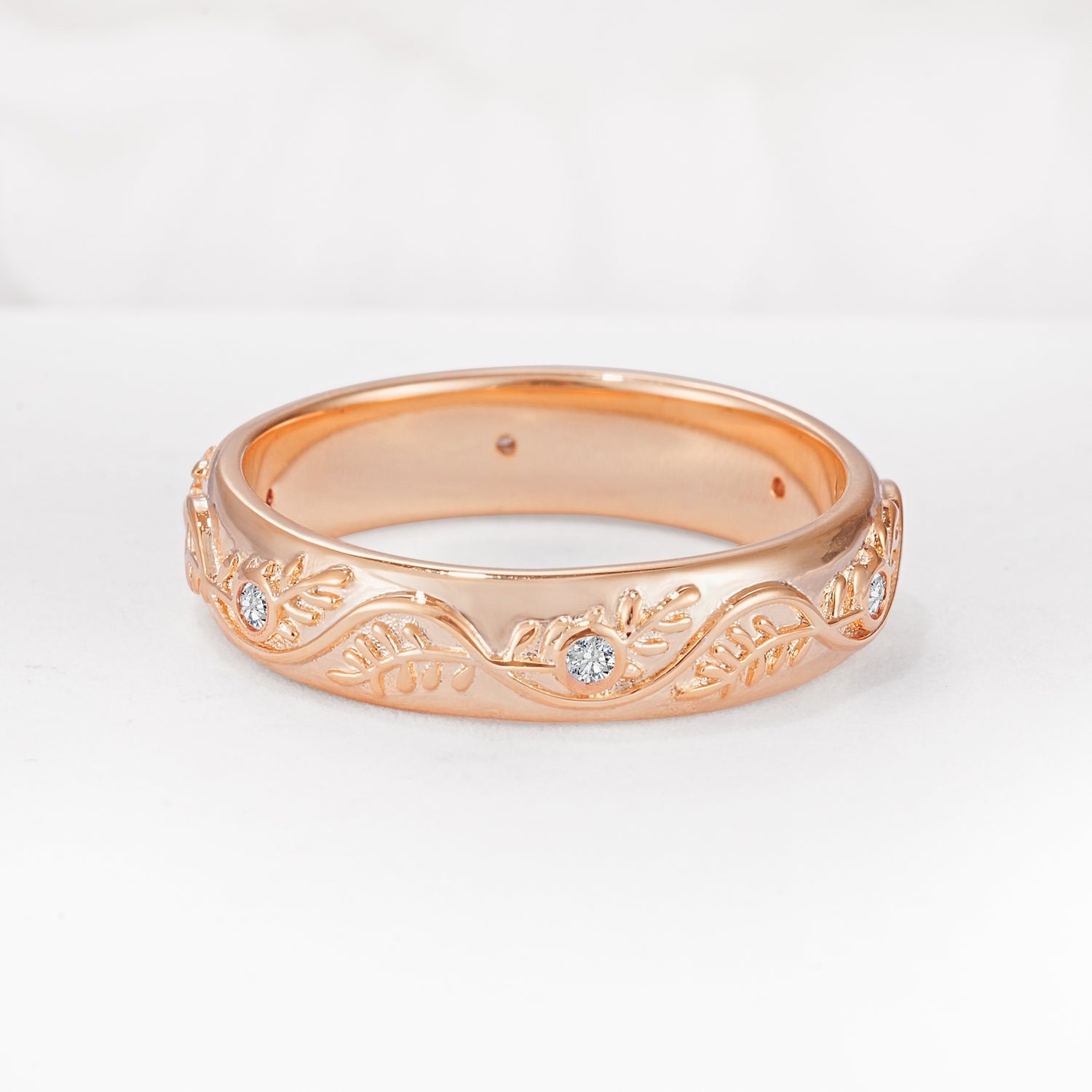 Natural Inspired Leaf Engraved Pave Accent Lab Diamond Men's Wedding Band - Additional view