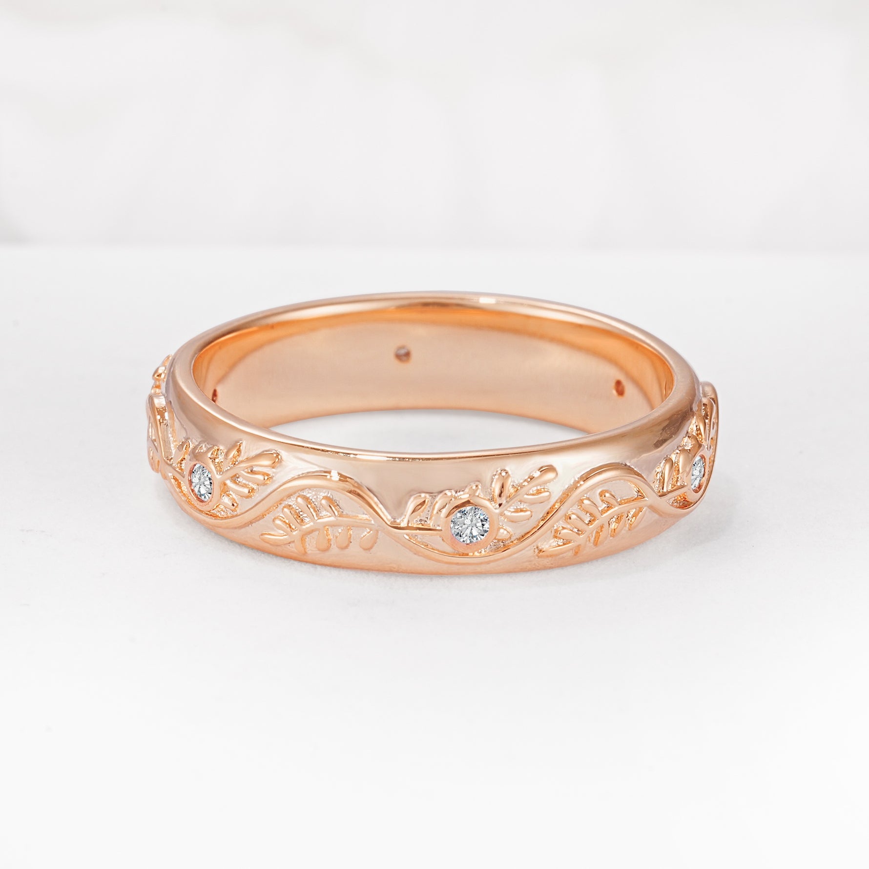 Natural Inspired Leaf Engraved Pave Accent Lab Diamond Men's Wedding Band - Additional view