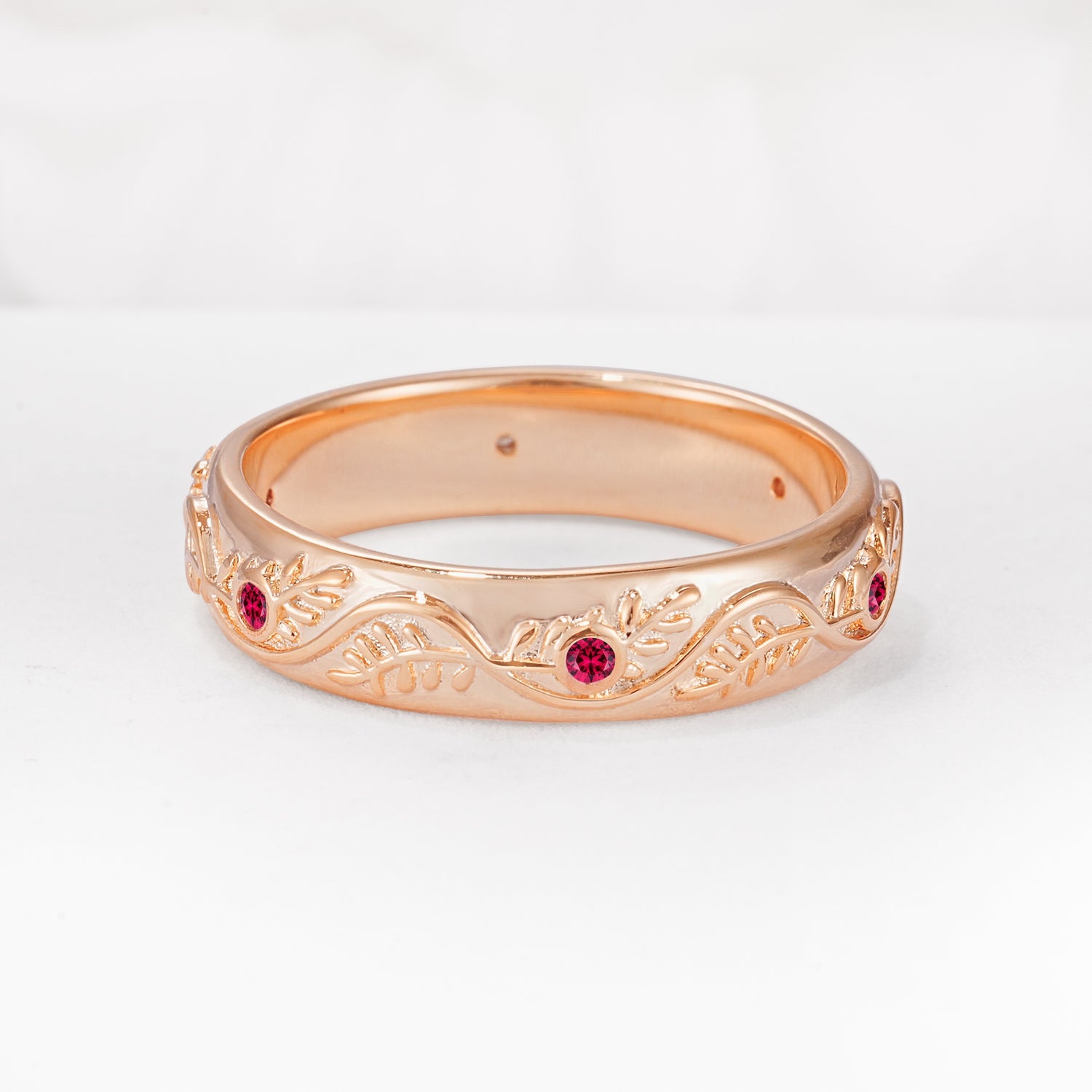 Natural Inspired Leaf Engraved Pave Accent Ruby Men's Wedding Band - Additional view