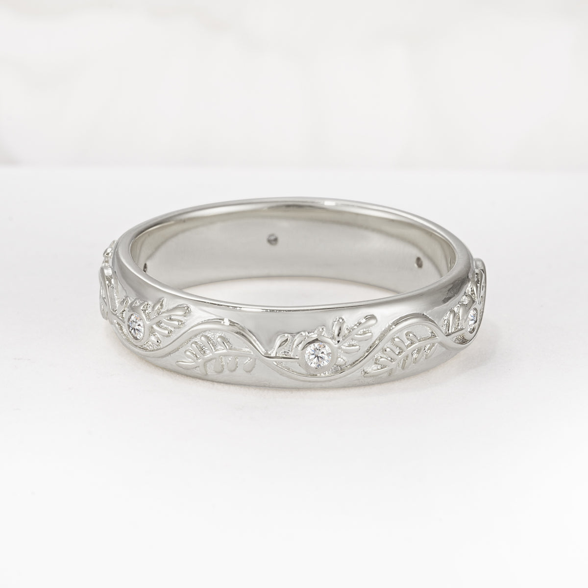 Natural Inspired Leaf Engraved Pave Accent Moissanite Men's Wedding Band - Additional view