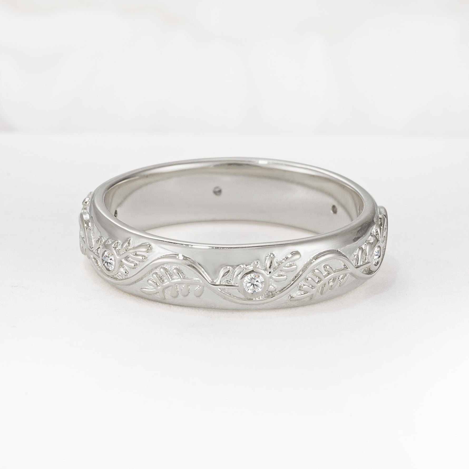 Natural Inspired Leaf Engraved Pave Accent Moissanite Men's Wedding Band - Additional view