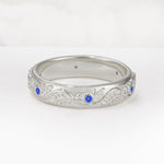 Natural Inspired Leaf Engraved Pave Accent Sapphire Men's Wedding Band - Additional view