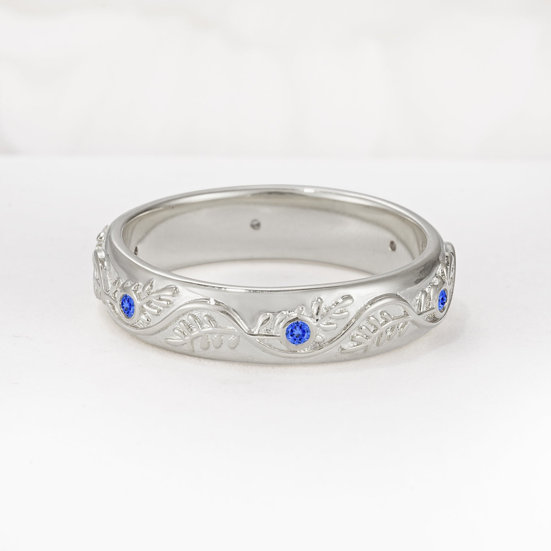 Natural Inspired Leaf Engraved Pave Accent Sapphire Men's Wedding Band - Additional view
