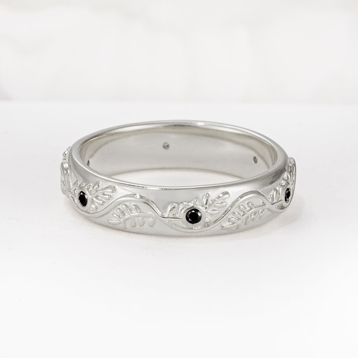 Natural Inspired Leaf Engraved Pave Accent Black Onyx Men's Wedding Band - Additional view