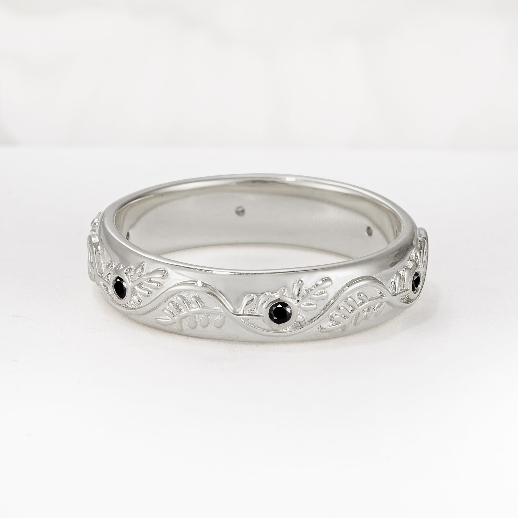 Natural Inspired Leaf Engraved Pave Accent Black Onyx Men's Wedding Band - Additional view