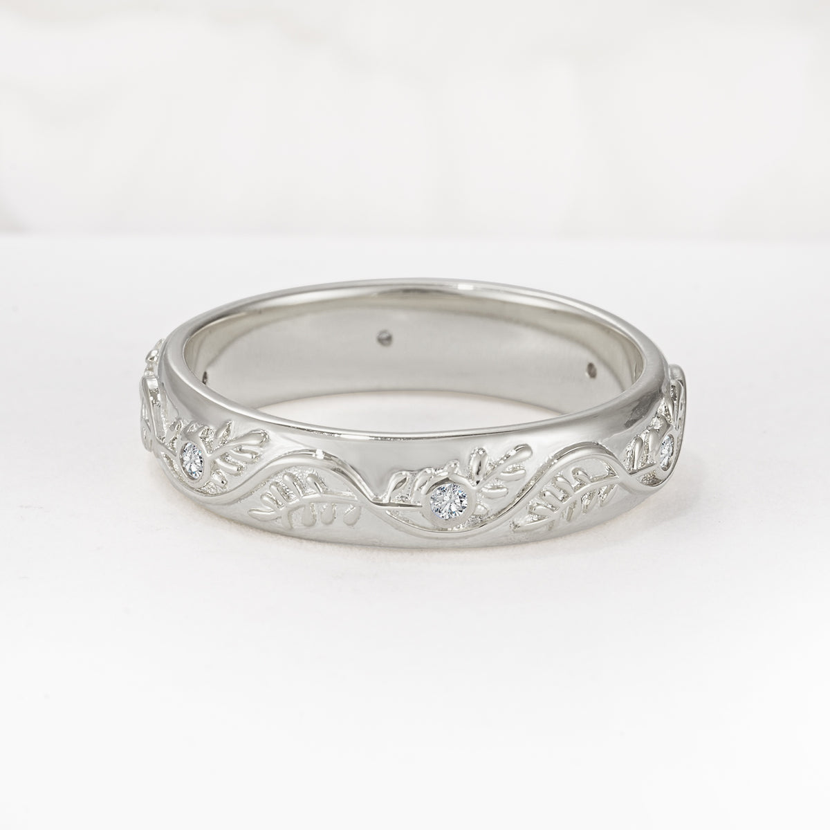Natural Inspired Leaf Engraved Pave Accent Lab Diamond Men's Wedding Band - Additional view