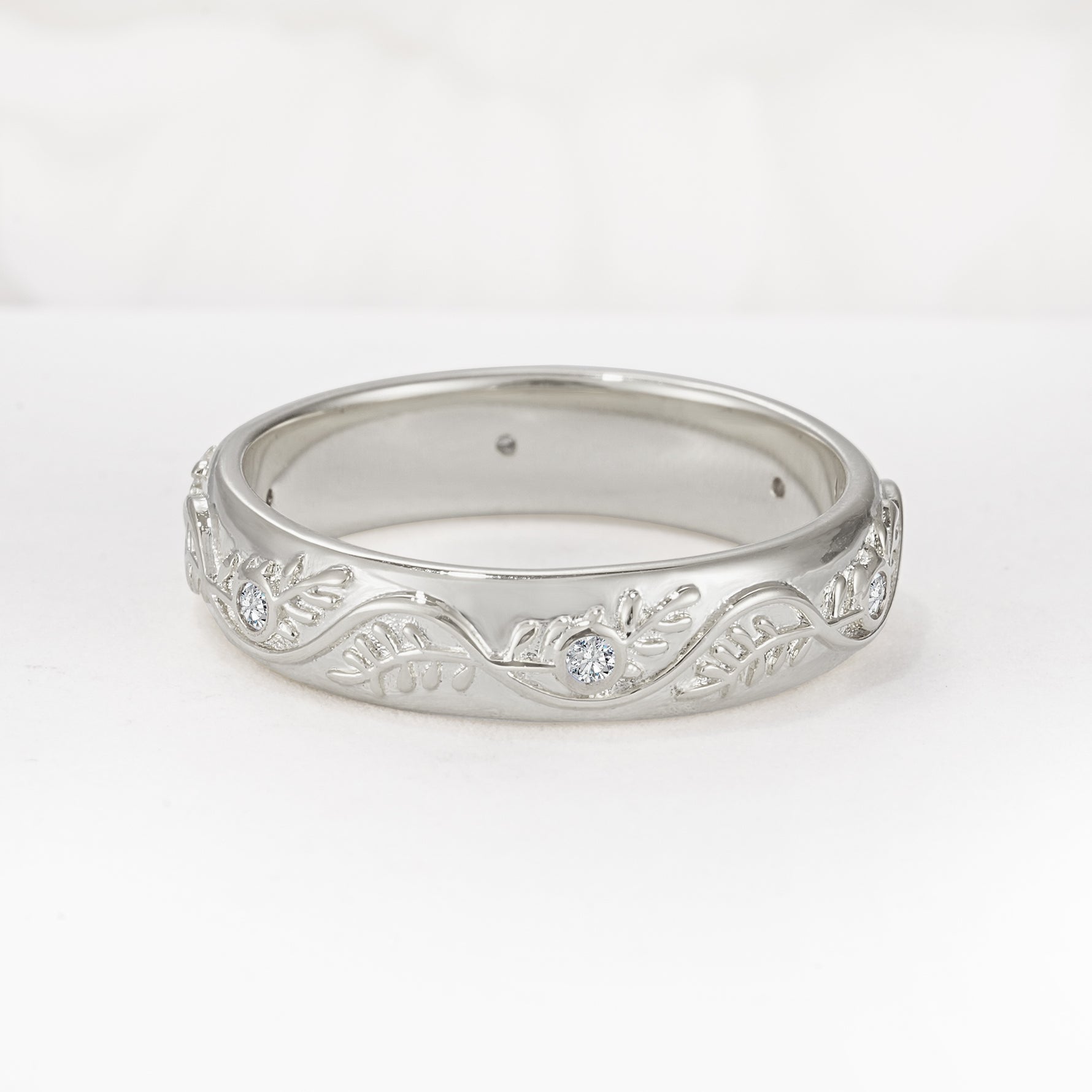 Natural Inspired Leaf Engraved Pave Accent Lab Diamond Men's Wedding Band - Additional view