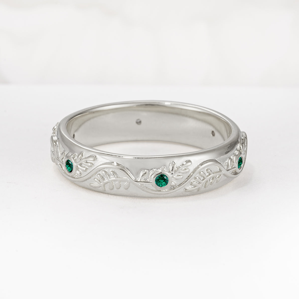 Natural Inspired Leaf Engraved Pave Accent Emerald Men's Wedding Band - Additional view