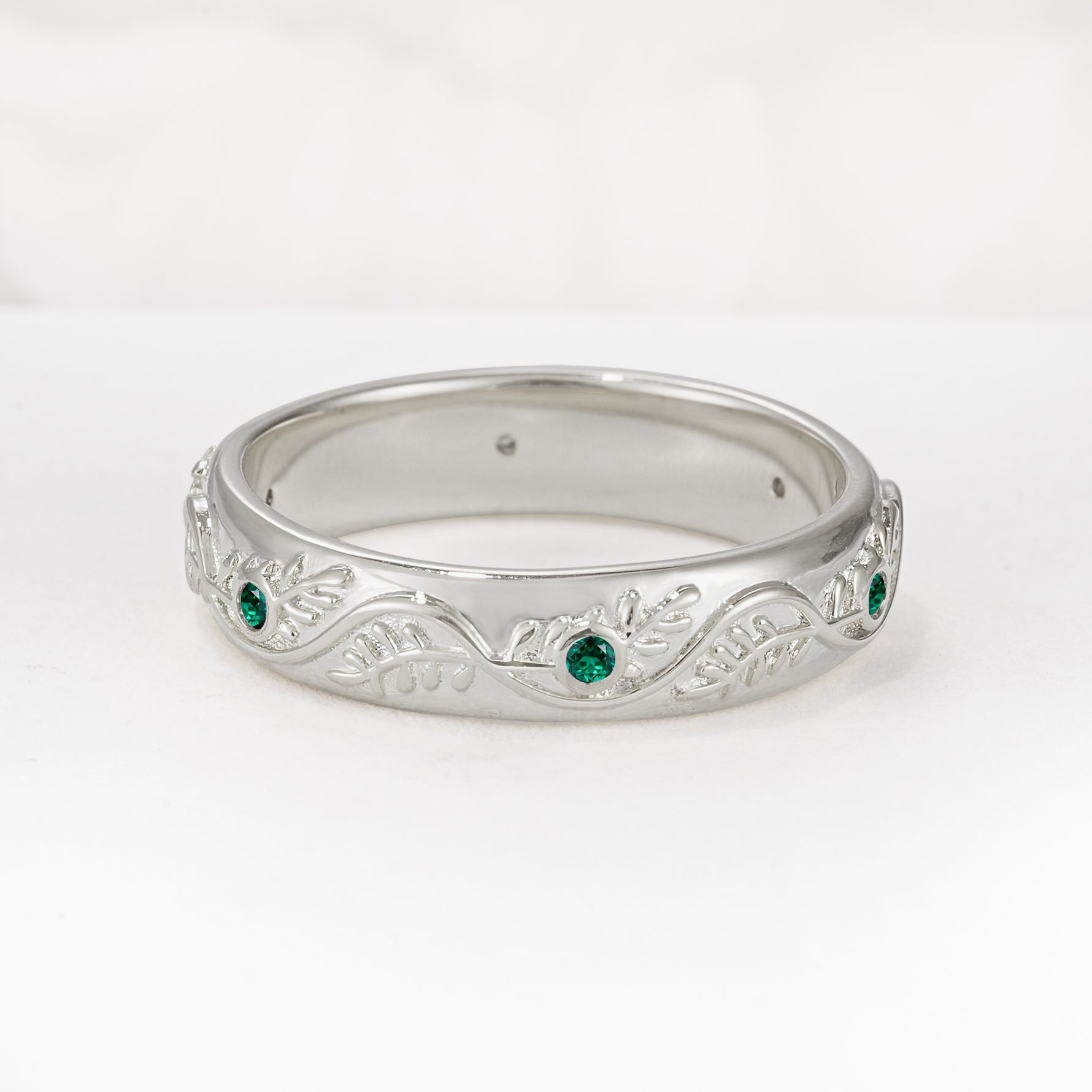 Natural Inspired Leaf Engraved Pave Accent Emerald Men's Wedding Band - Additional view