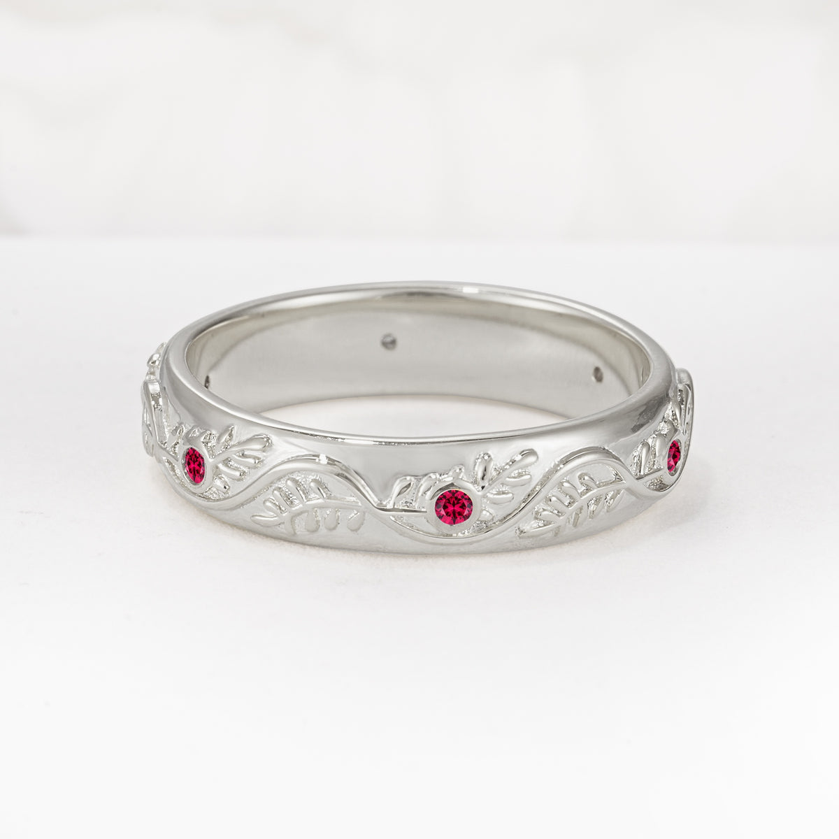Natural Inspired Leaf Engraved Pave Accent Ruby Men's Wedding Band - Additional view