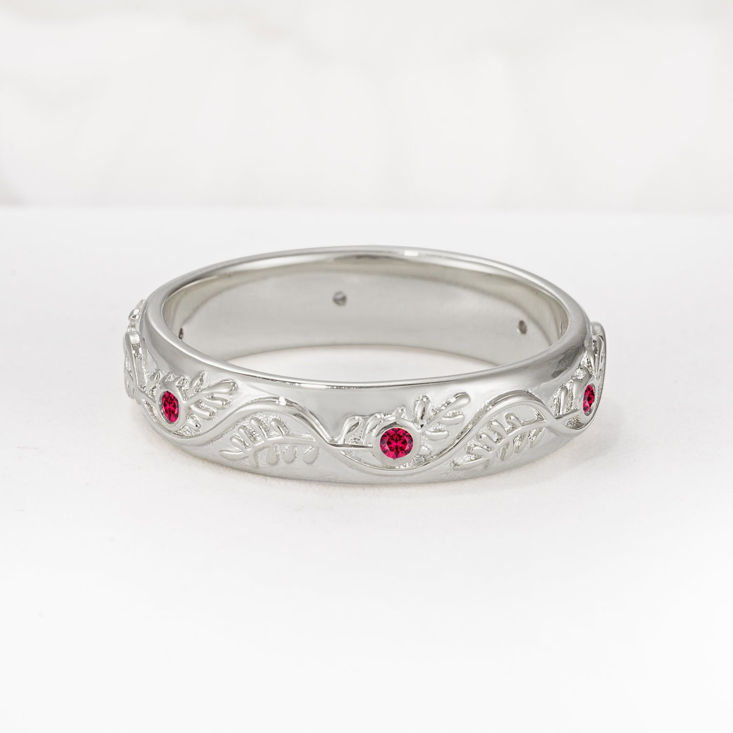 Natural Inspired Leaf Engraved Pave Accent Ruby Men's Wedding Band - Additional view