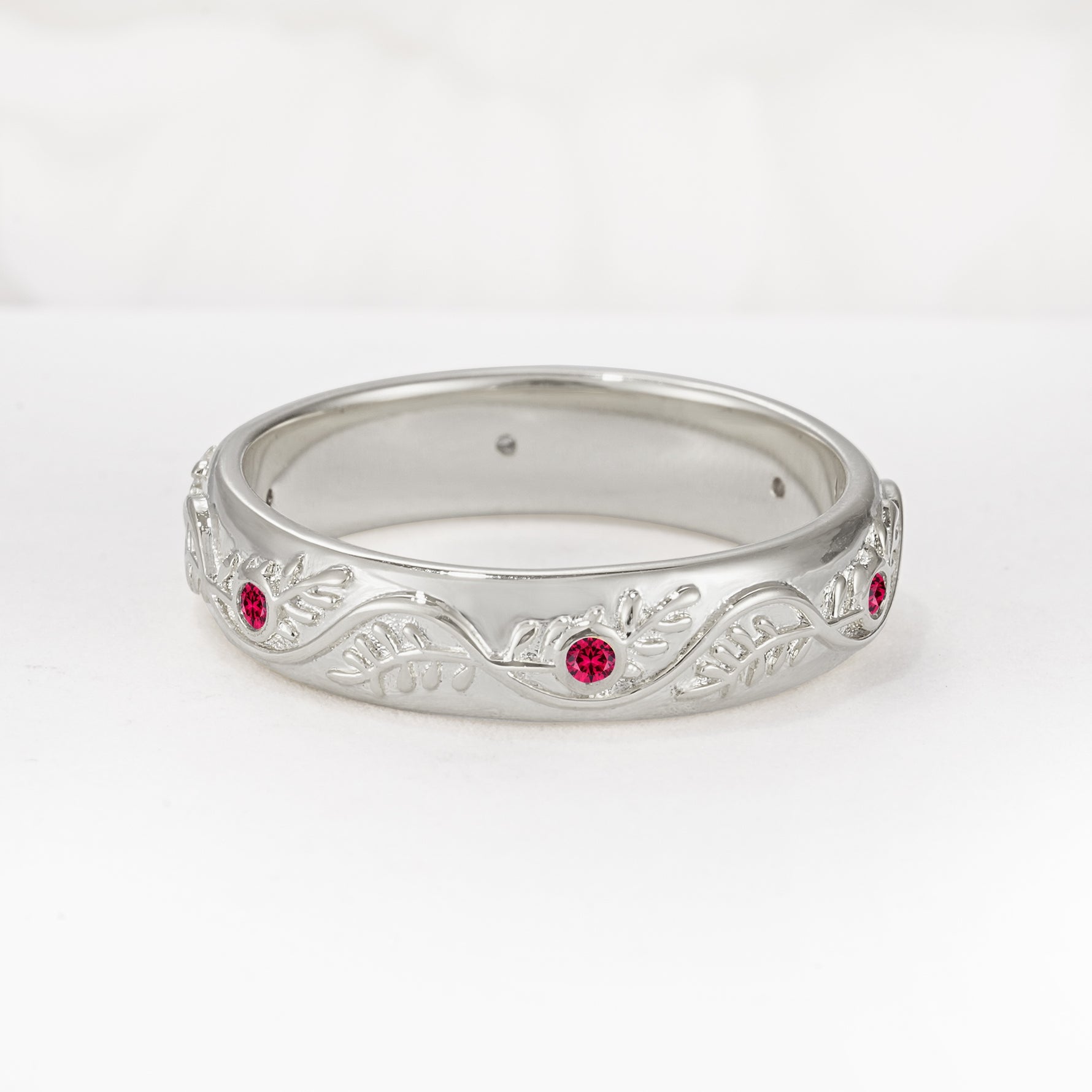 Natural Inspired Leaf Engraved Pave Accent Ruby Men's Wedding Band - Additional view