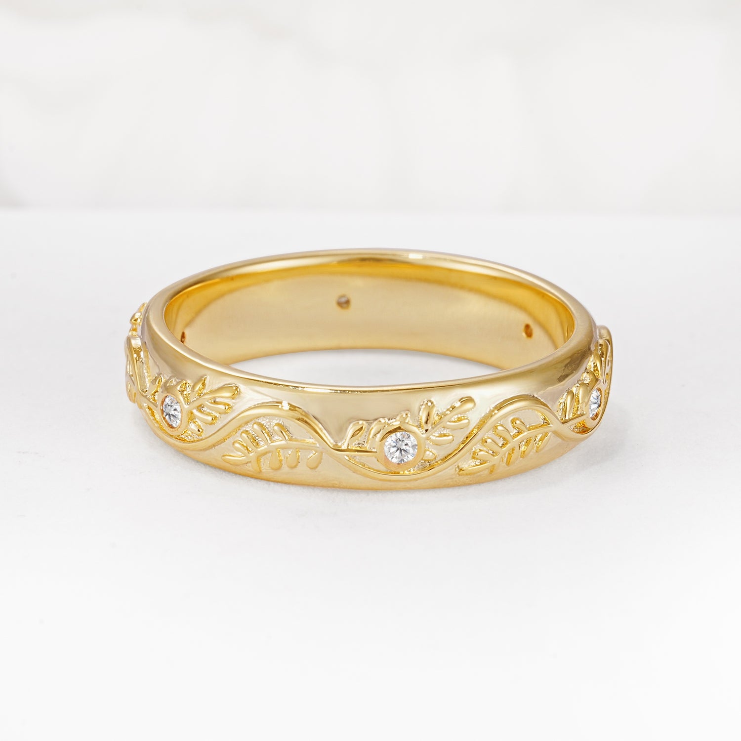 Natural Inspired Leaf Engraved Pave Accent Moissanite Men's Wedding Band - Additional view