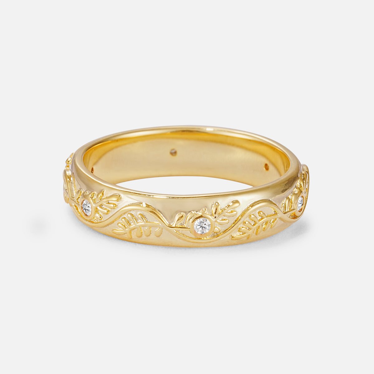Natural Inspired Leaf Engraved Pave Accent Moissanite Men's Wedding Band