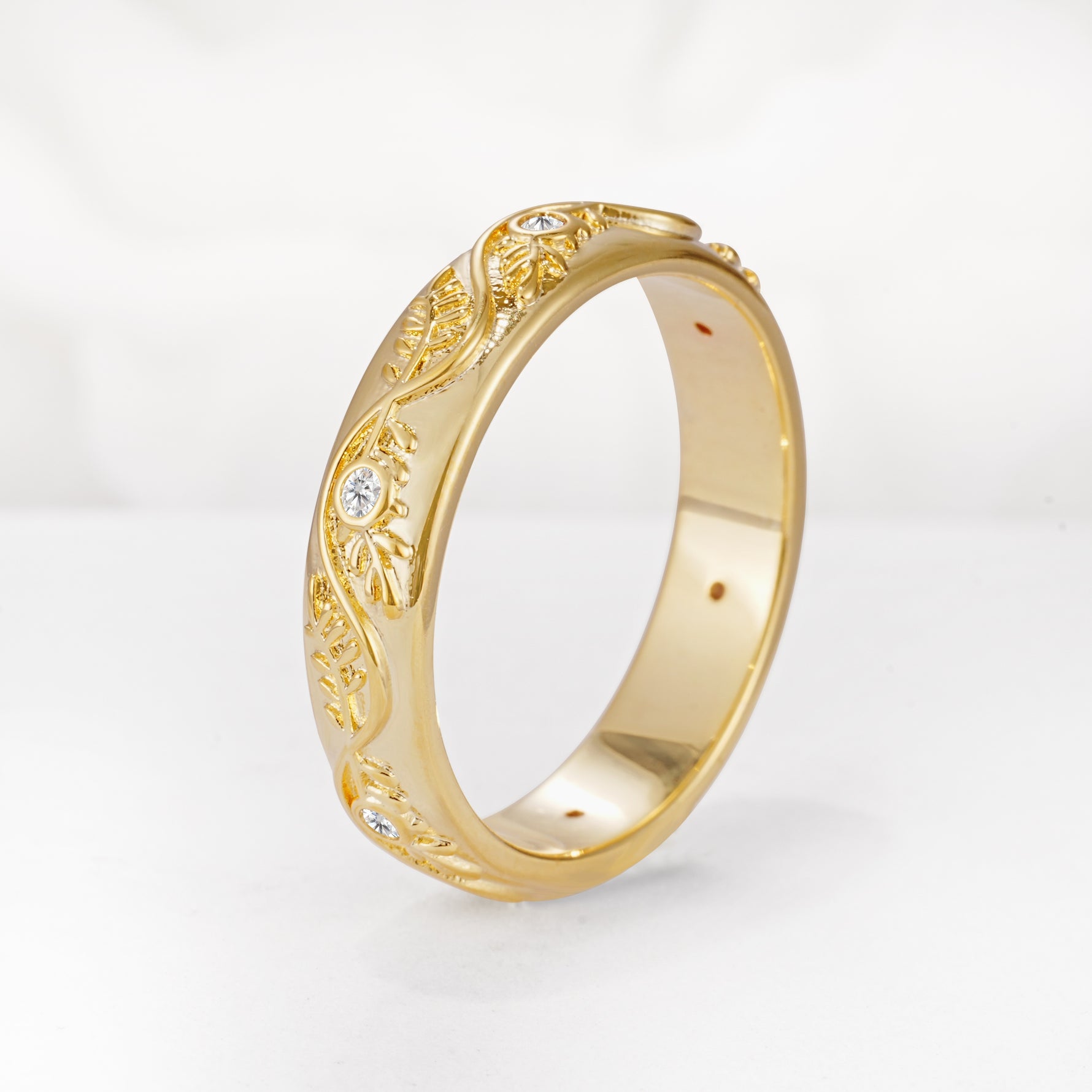 Natural Inspired Leaf Engraved Pave Accent Moissanite Men's Wedding Band - Additional view