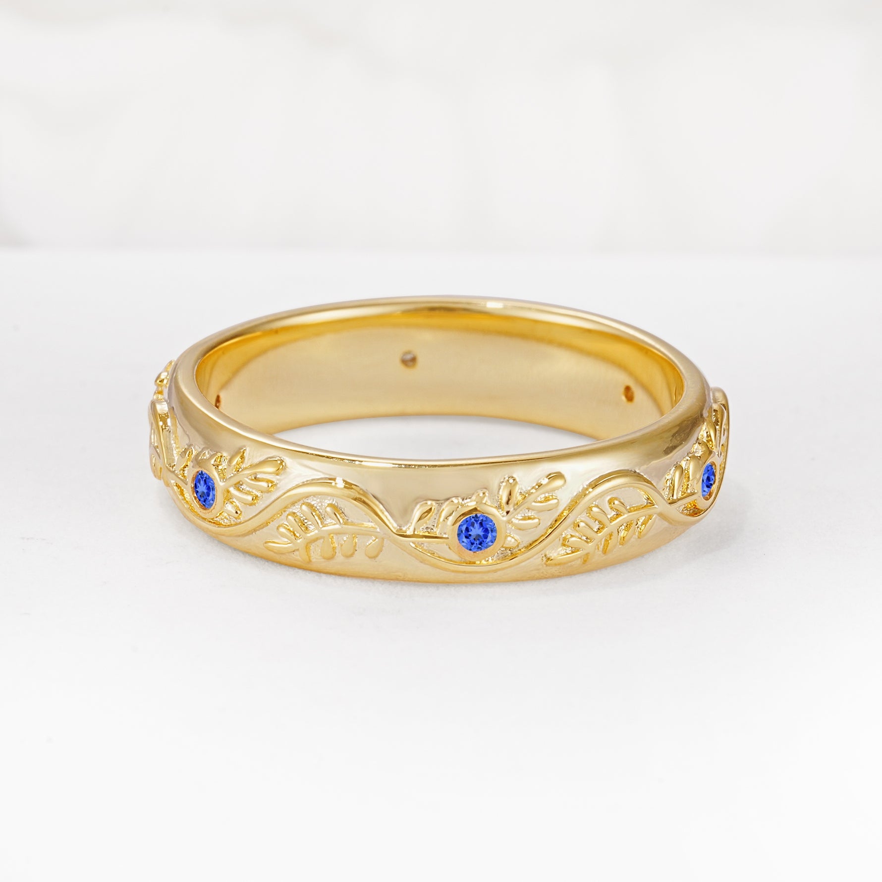 Natural Inspired Leaf Engraved Pave Accent Sapphire Men's Wedding Band - Additional view