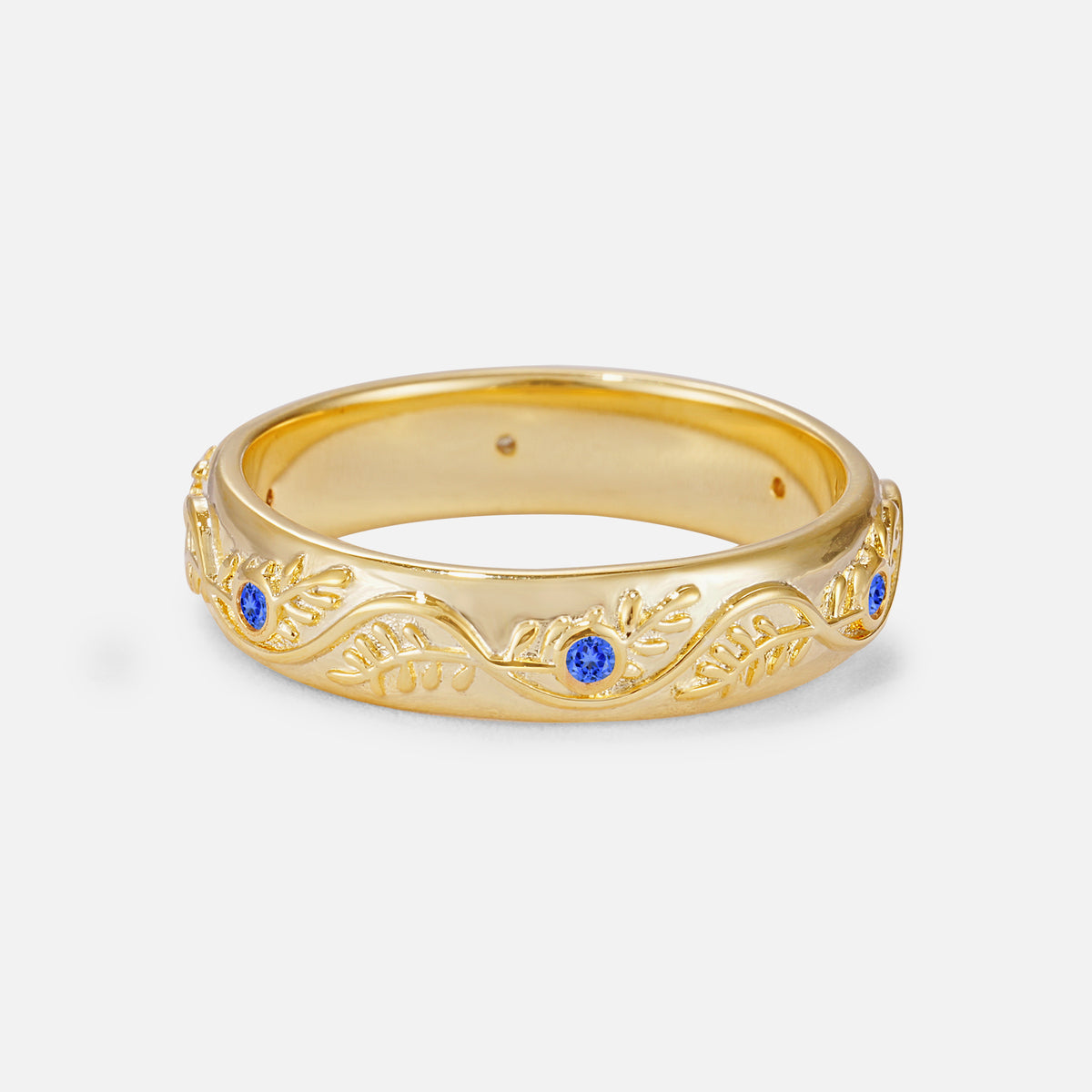Natural Inspired Leaf Engraved Pave Accent Sapphire Men's Wedding Band