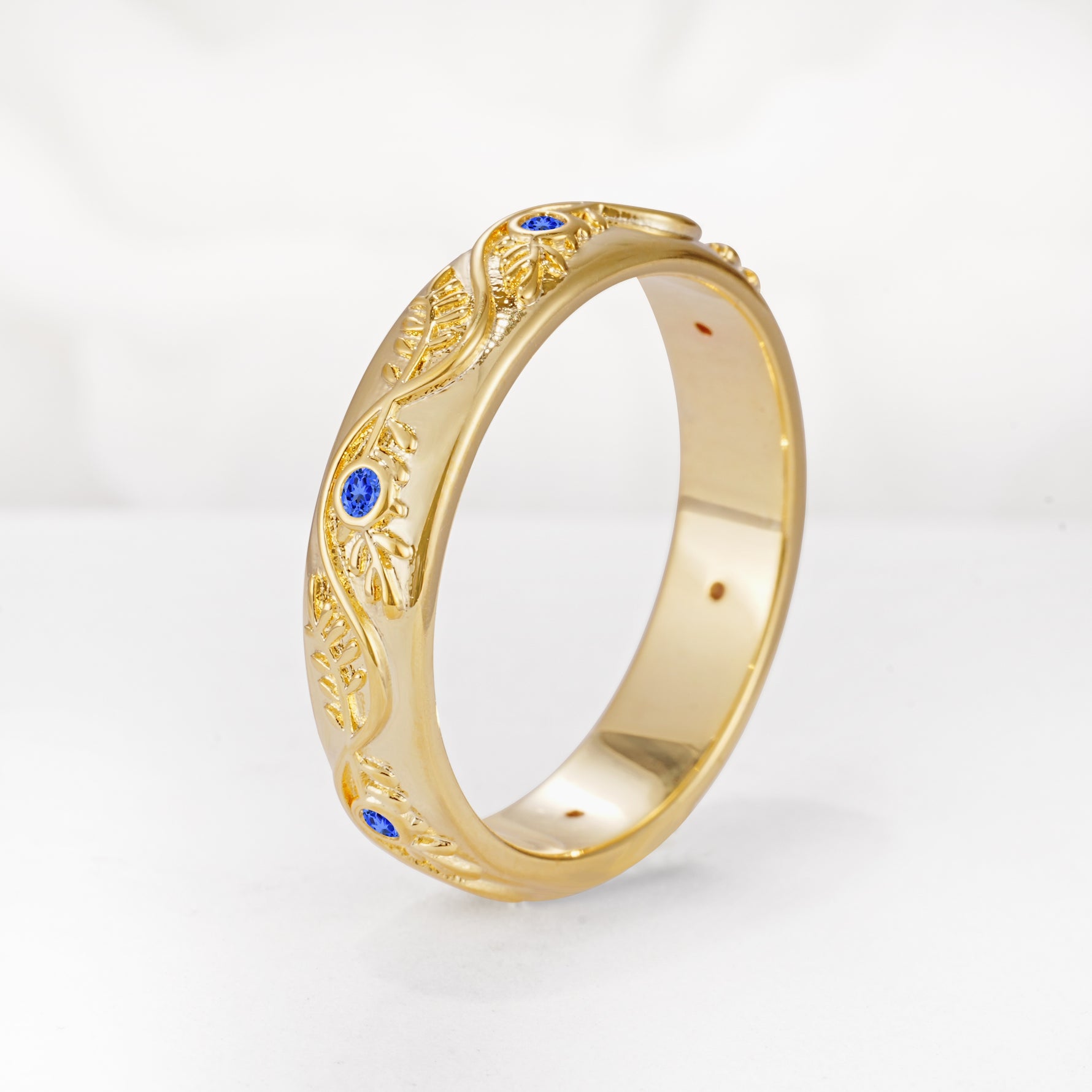 Natural Inspired Leaf Engraved Pave Accent Sapphire Men's Wedding Band - Additional view