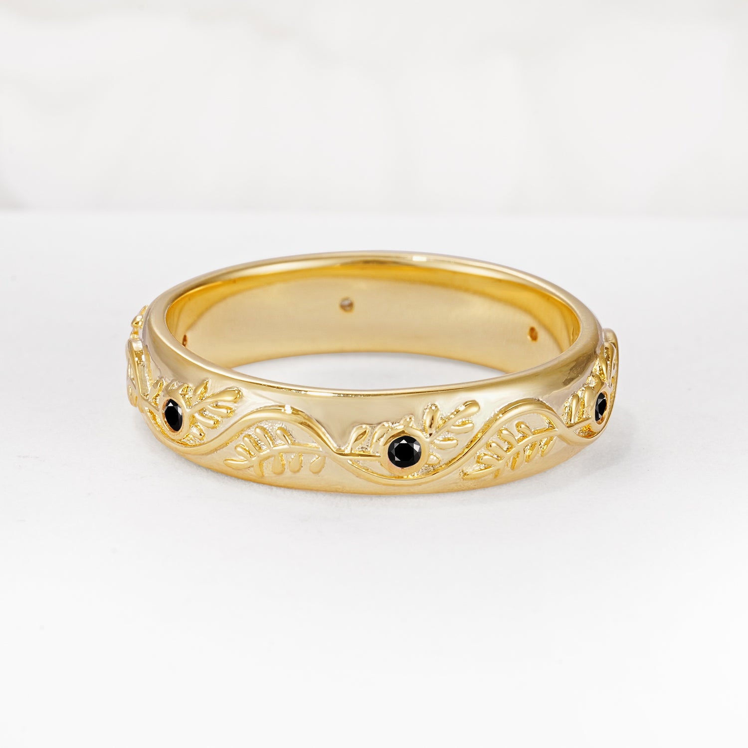 Natural Inspired Leaf Engraved Pave Accent Black Onyx Men's Wedding Band - Additional view