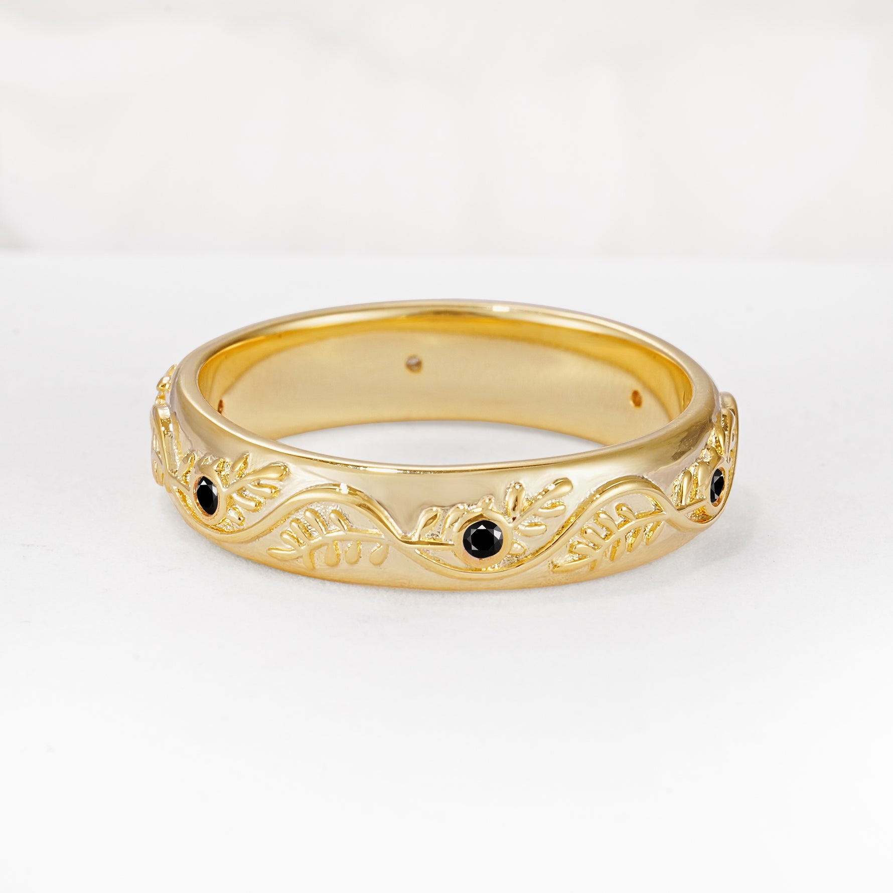 Natural Inspired Leaf Engraved Pave Accent Black Onyx Men's Wedding Band - Additional view