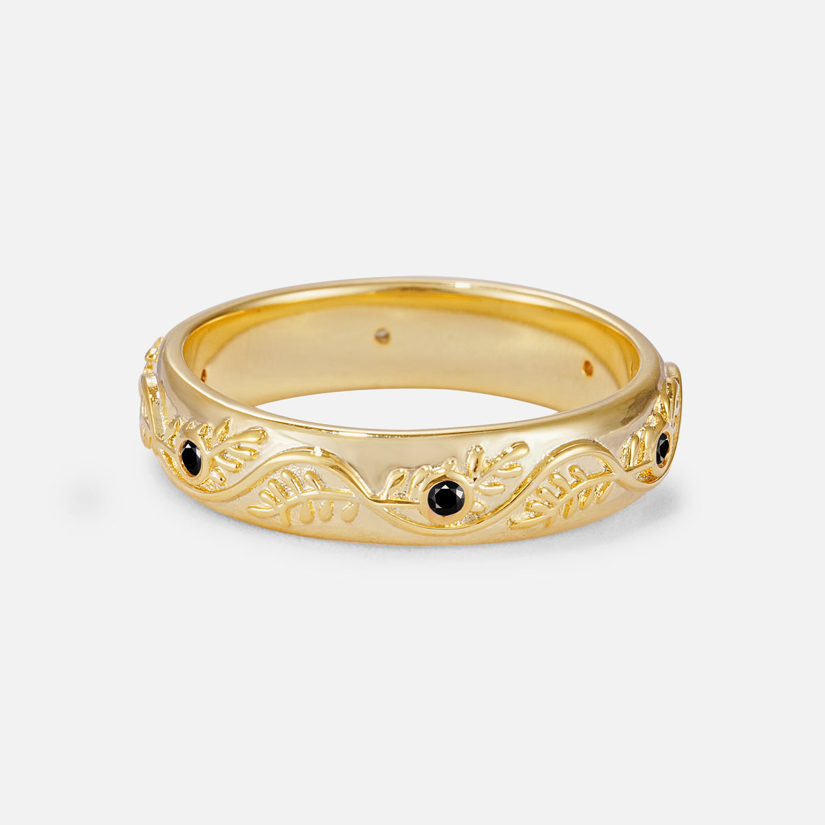 Natural Inspired Leaf Engraved Pave Accent Black Onyx Men's Wedding Band