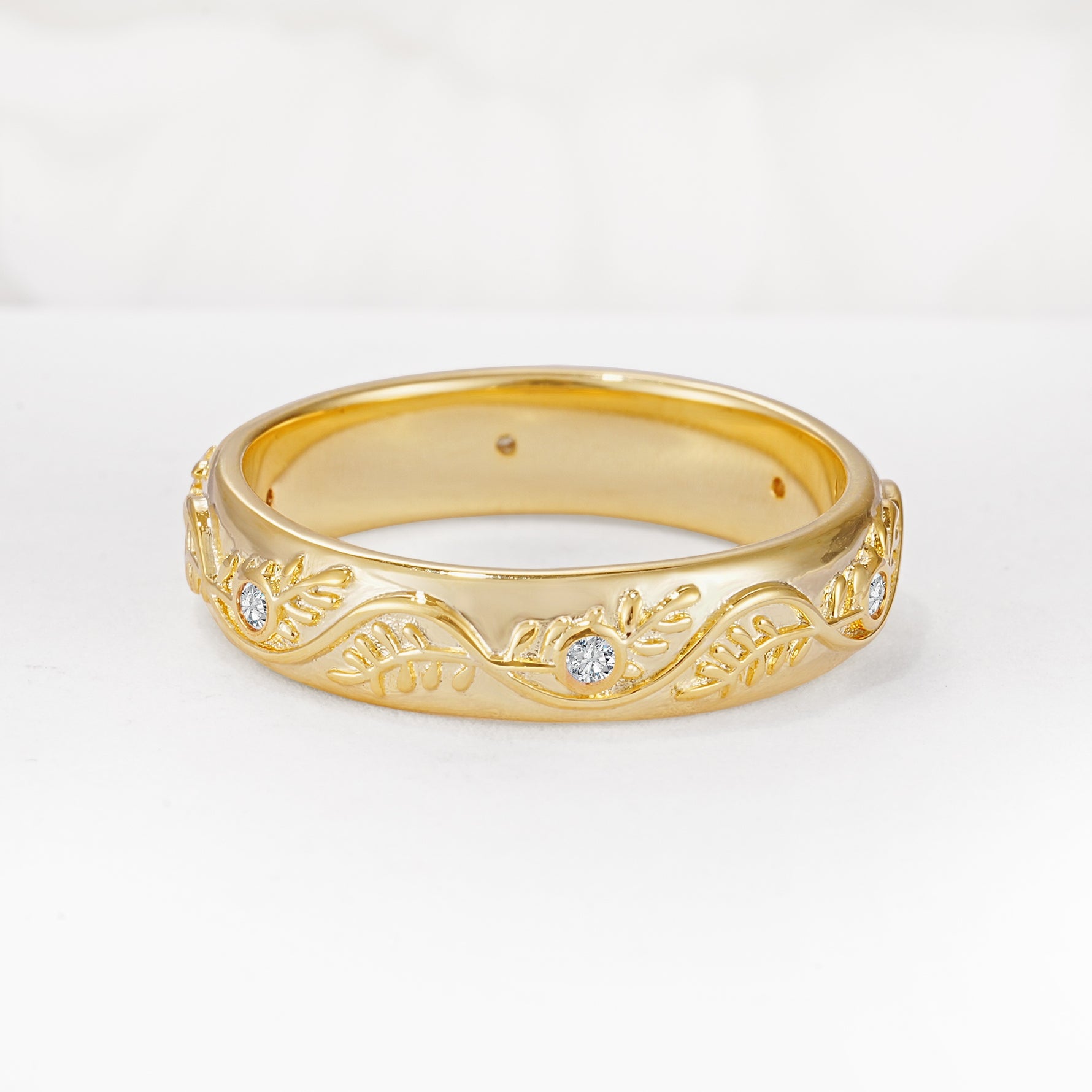 Natural Inspired Leaf Engraved Pave Accent Lab Diamond Men's Wedding Band - Additional view